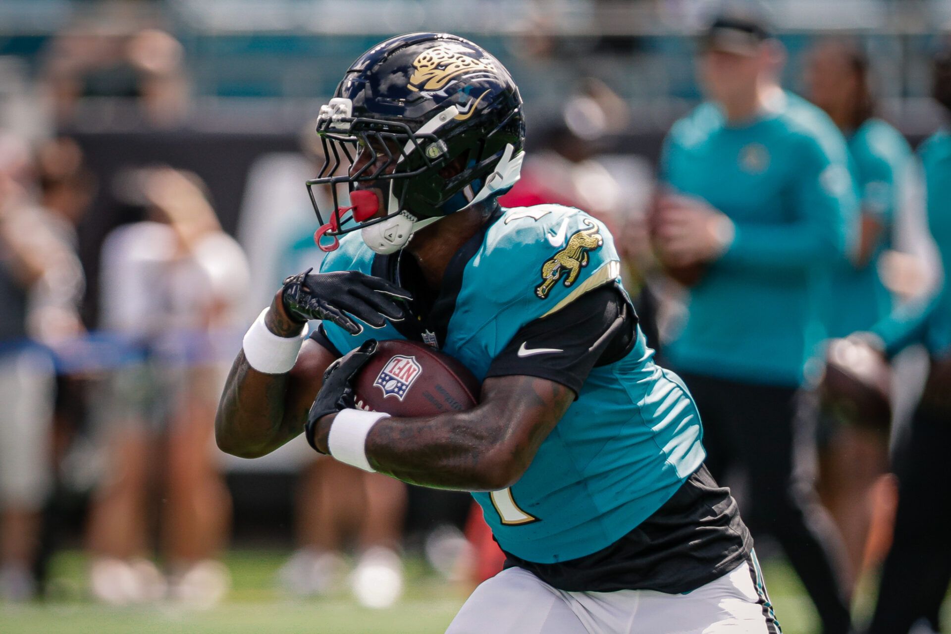 Jacksonville Jaguars  running back Travis Etienne Jr. (1) during pregame against the Houston Texans at EverBank Stadium.