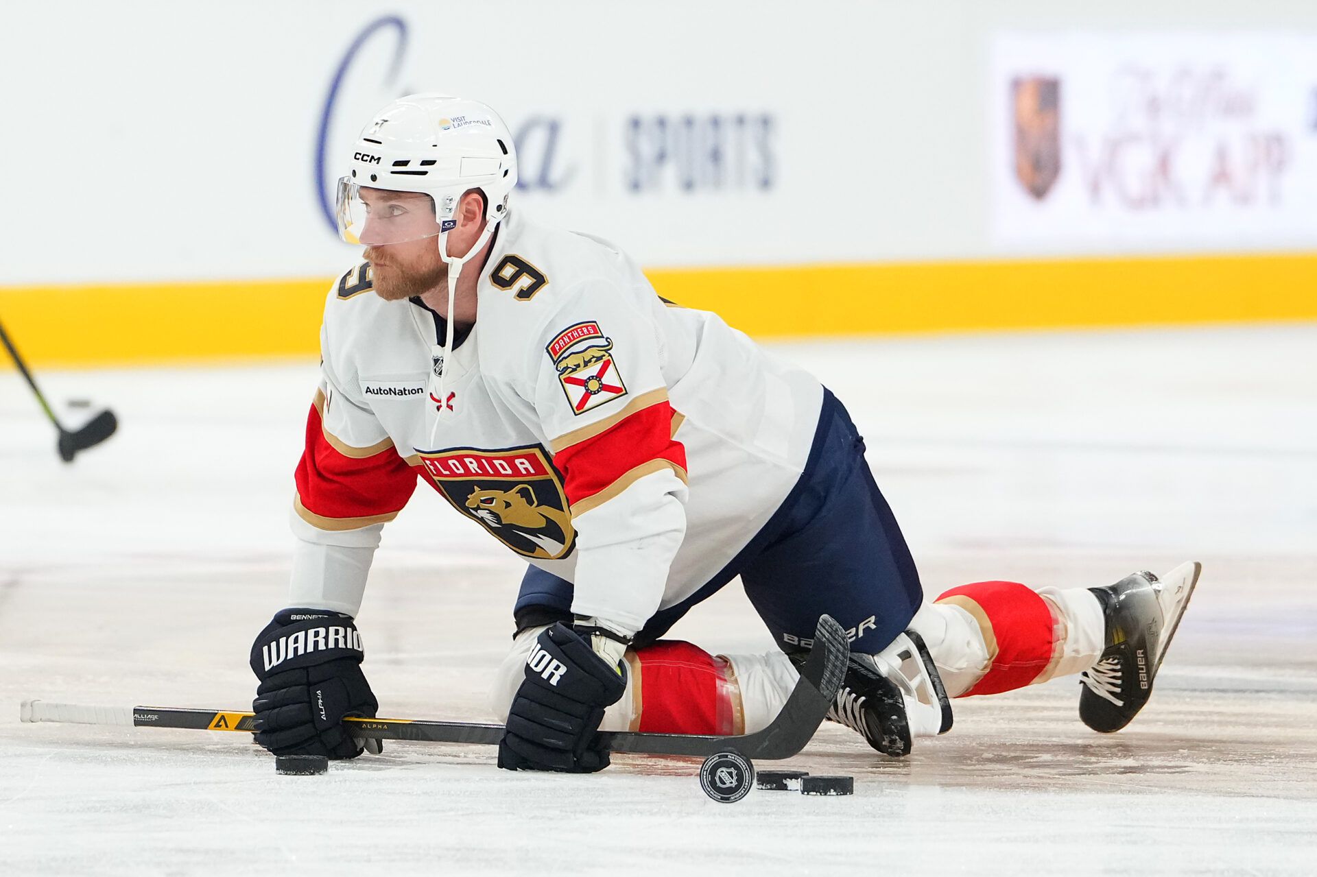 Florida Panthers center Sam Bennett (9) warms up before a game against the Vegas Golden Knights at T-Mobile Arena.