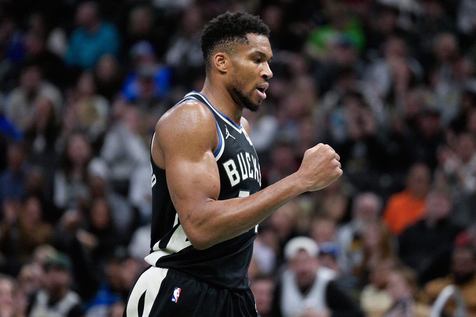 Milwaukee Bucks forward Giannis Antetokounmpo (34) punts his fist following a Milwaukee Bucks score during the third quarter against the Charlotte Hornets at Fiserv Forum.