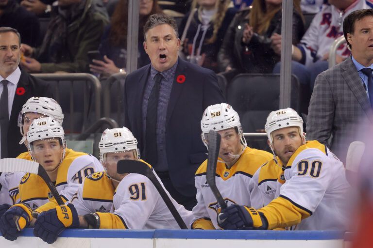 Nashville Predators head coach Andrew Brunette coaches against the New York Rangers during the first period at Madison Square Garden.