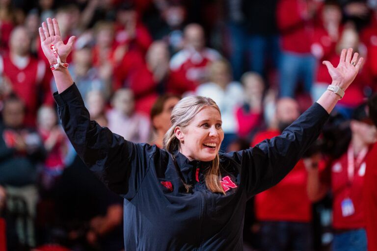 Nebraska Cornhuskers volleyball head coach Dani Busboom Kelly is introduced during a break in the first half against the Illinois Fighting Illini at Pinnacle Bank Arena.