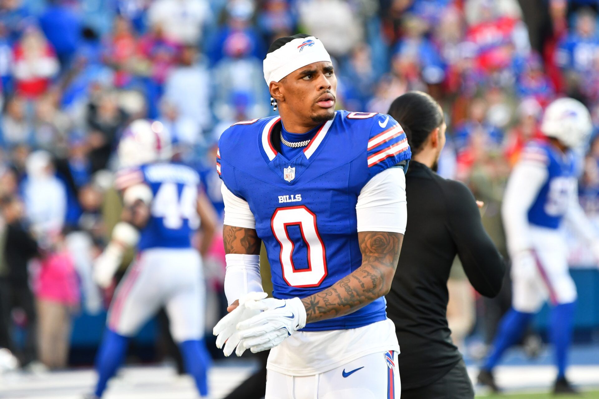 Buffalo Bills wide receiver Keon Coleman (0) warms up before the game against the Kansas City Chiefs at Highmark Stadium.