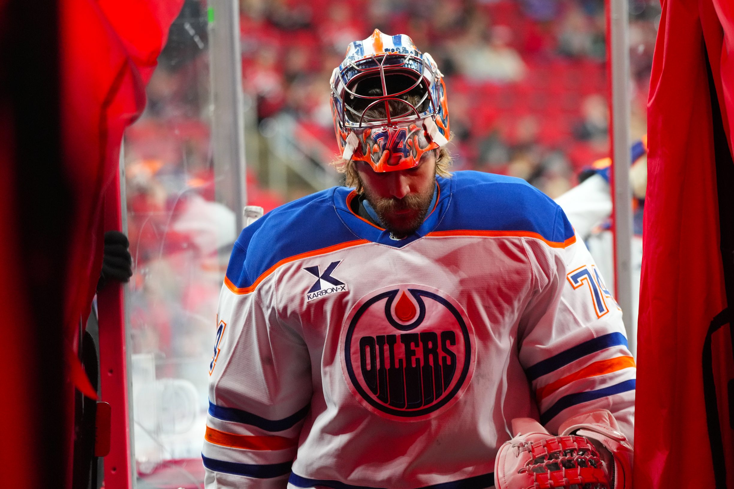 Edmonton Oilers goaltender Stuart Skinner (74) comes off the ice after the warmups before the game against the Carolina Hurricanes at Lenovo Center.