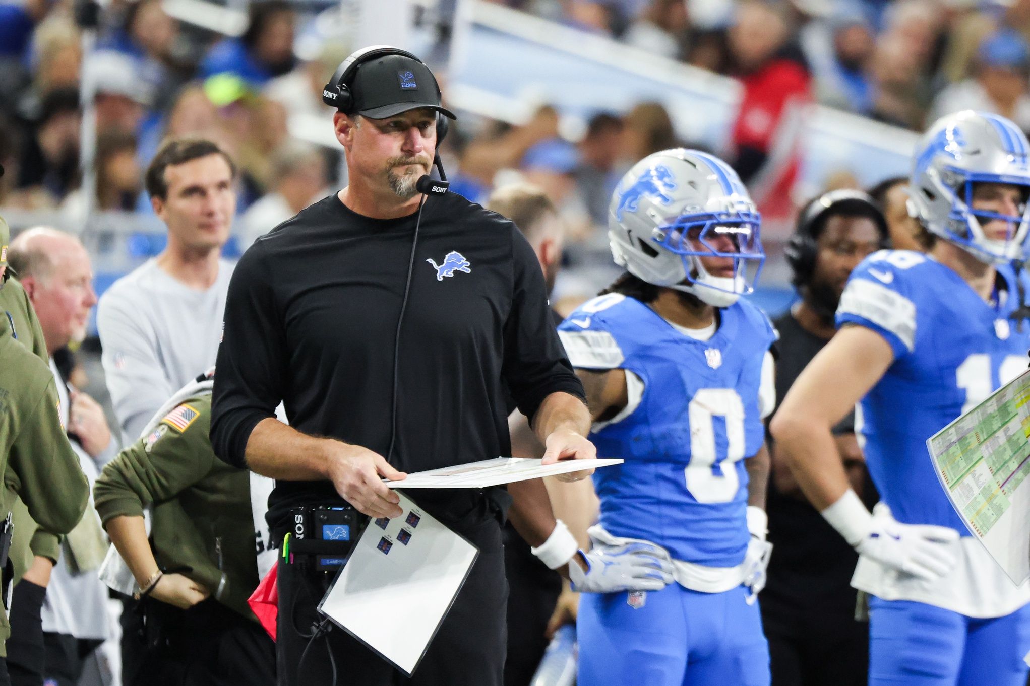 Detroit Lions head coach Dan Campbell looks on in the first half against the Minnesota Vikings at Ford Field.