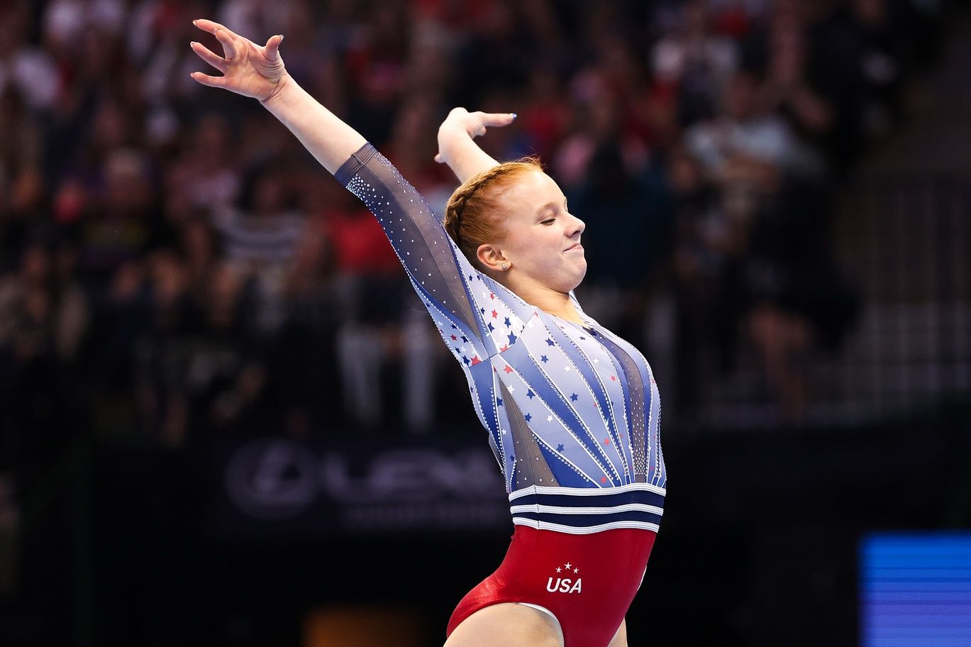Dulcy Caylor competes on the floor during the U.S. Olympic Team Gymnastics Trials at Target Center.