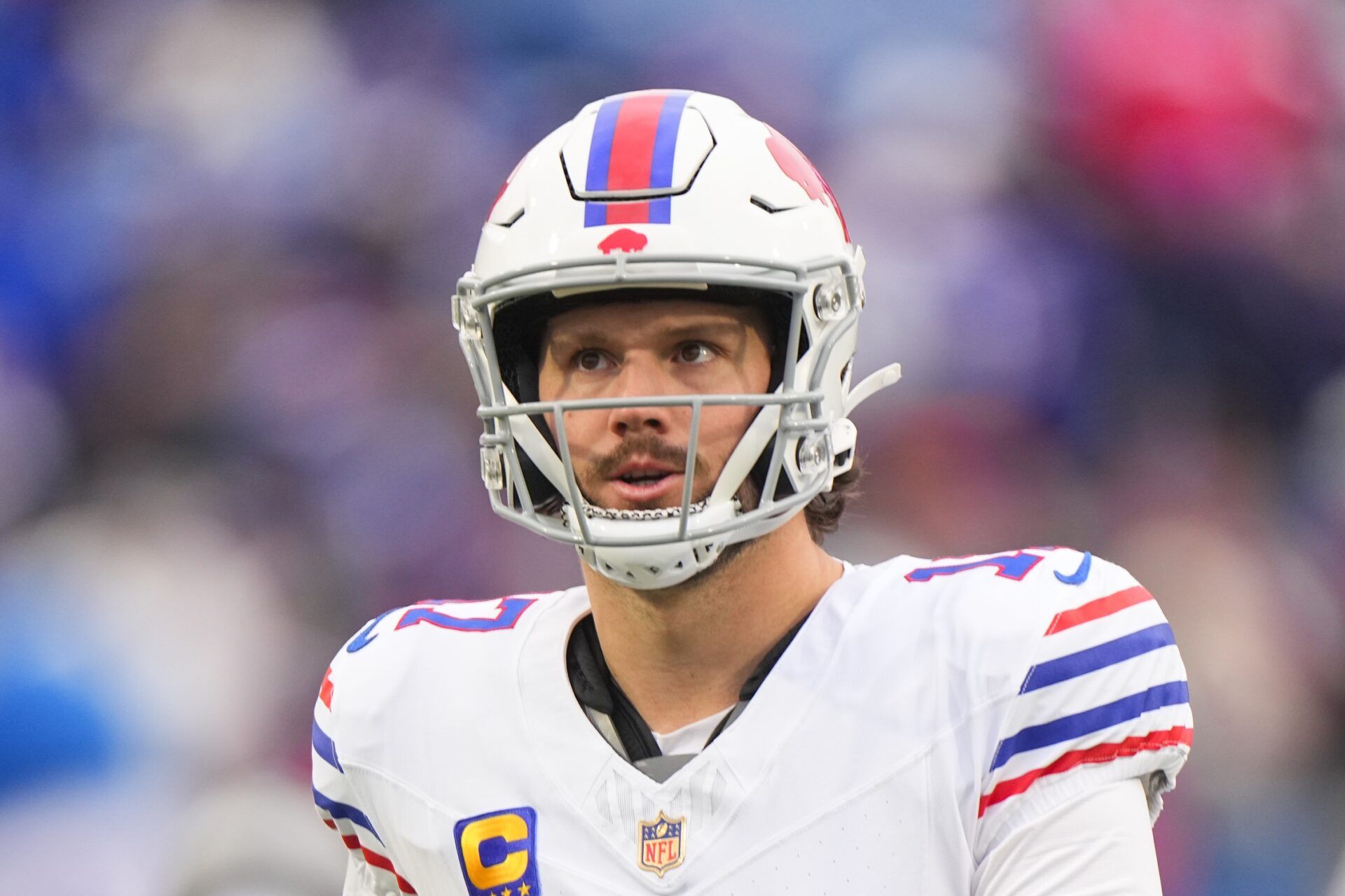 Buffalo Bills quarterback Josh Allen (17) warms up prior to the game against the Tampa Bay Buccaneers at Highmark Stadium.