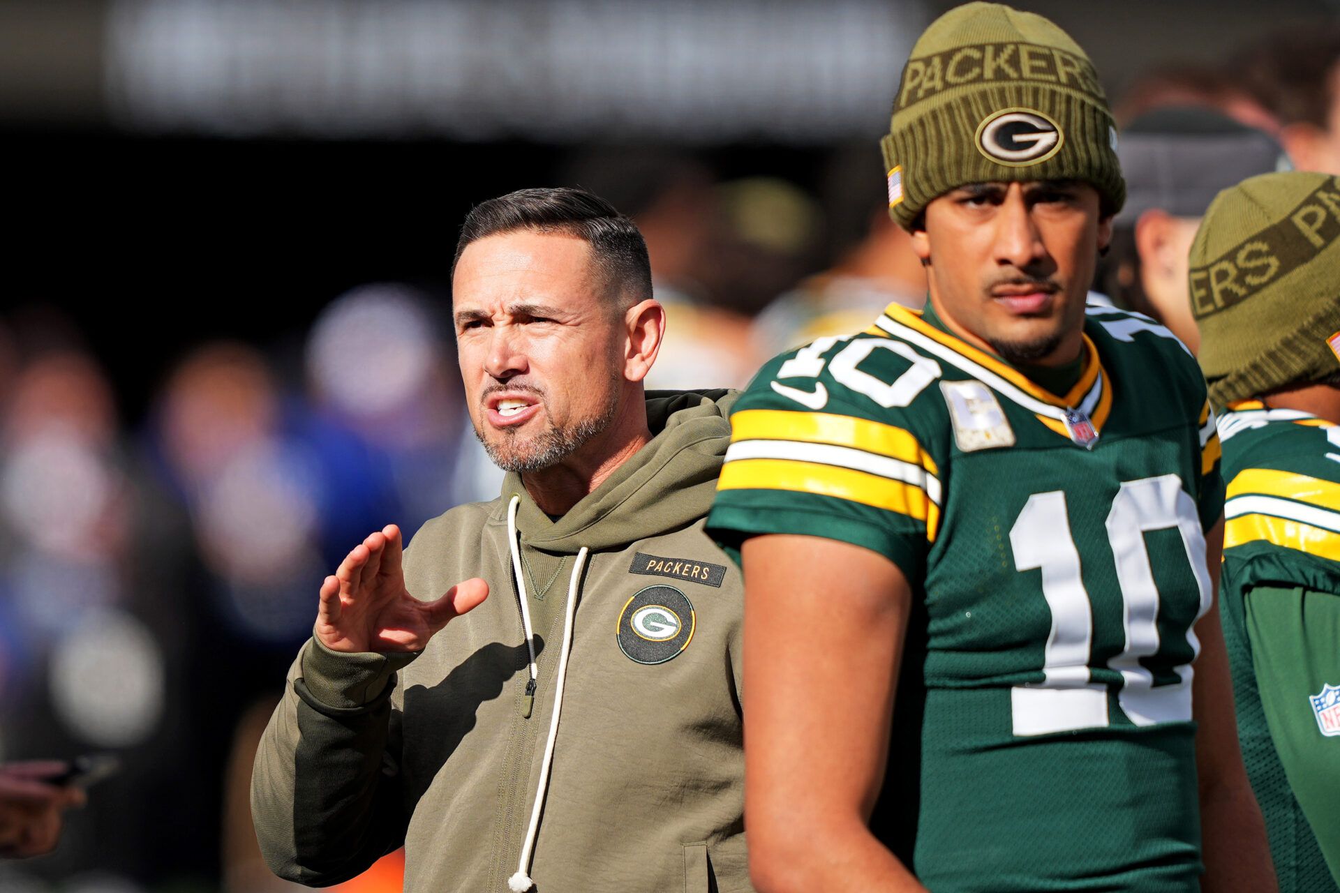 Green Bay Packers head coach Matt LaFleur and quarterback Jordan Love (10) before the game against the New York Giants at MetLife Stadium.