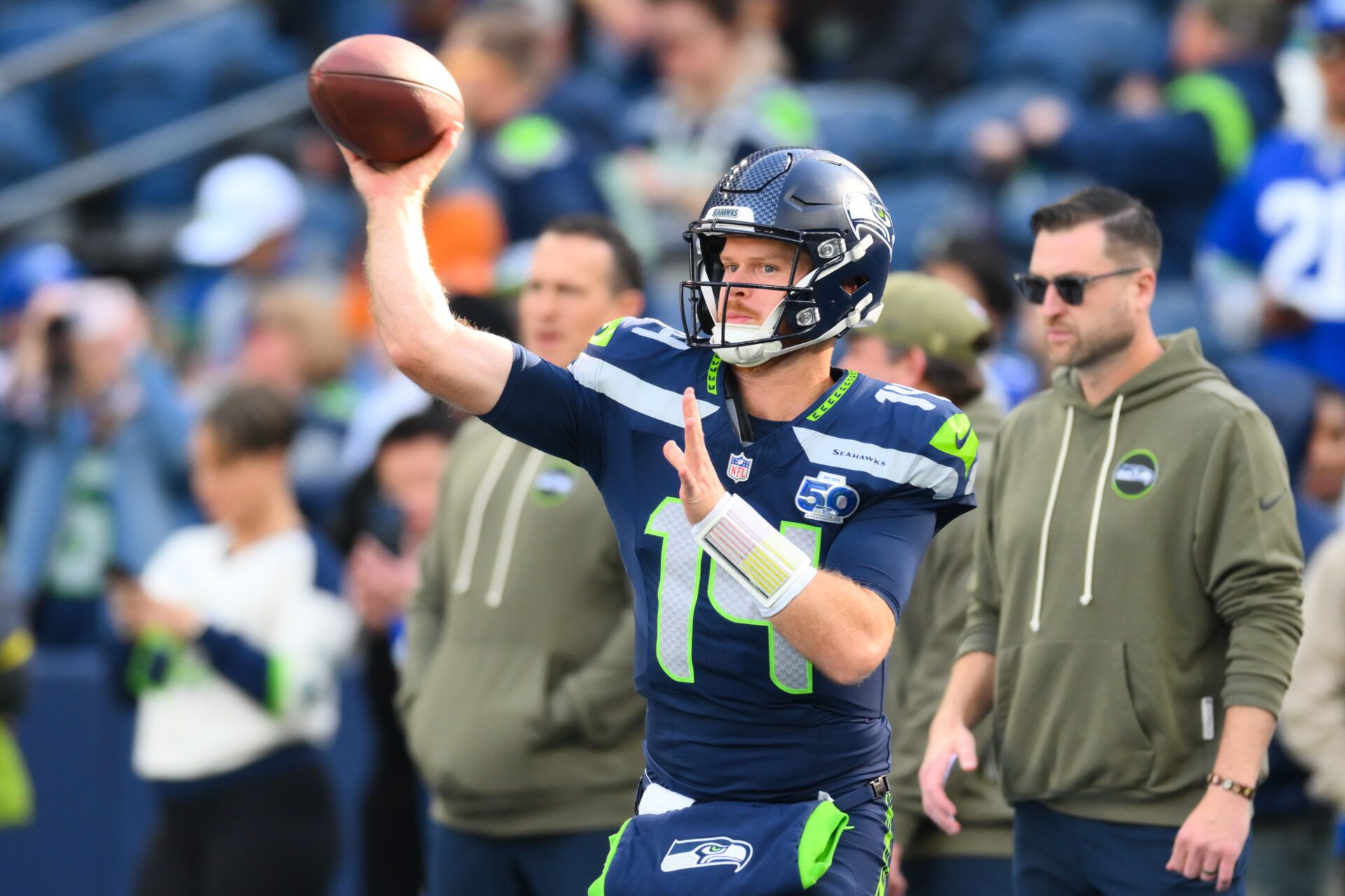 Seattle Seahawks quarterback Sam Darnold (14) warms up before the game against the Arizona Cardinals  at Lumen Field.