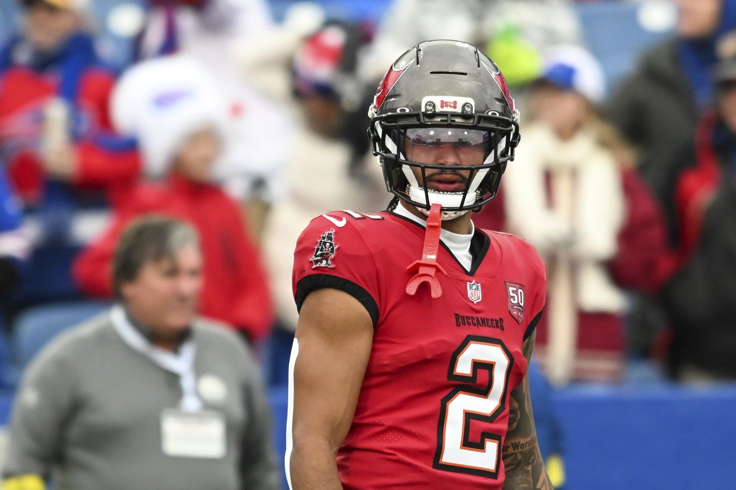 Tampa Bay Buccaneers wide receiver Emeka Egbuka (2) warms up prior to the game against the Buffalo Bills at Highmark Stadium.