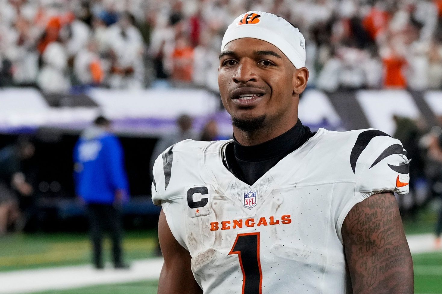Cincinnati Bengals wide receiver Ja’Marr Chase (1) walks for the locker room after the NFL Week 7 game between the Cincinnati Bengals and the Pittsburgh Steelers at Paycor Stadium in downtown Cincinnati on Thursday, Oct. 16, 2025. The Bengals won, 33-31.