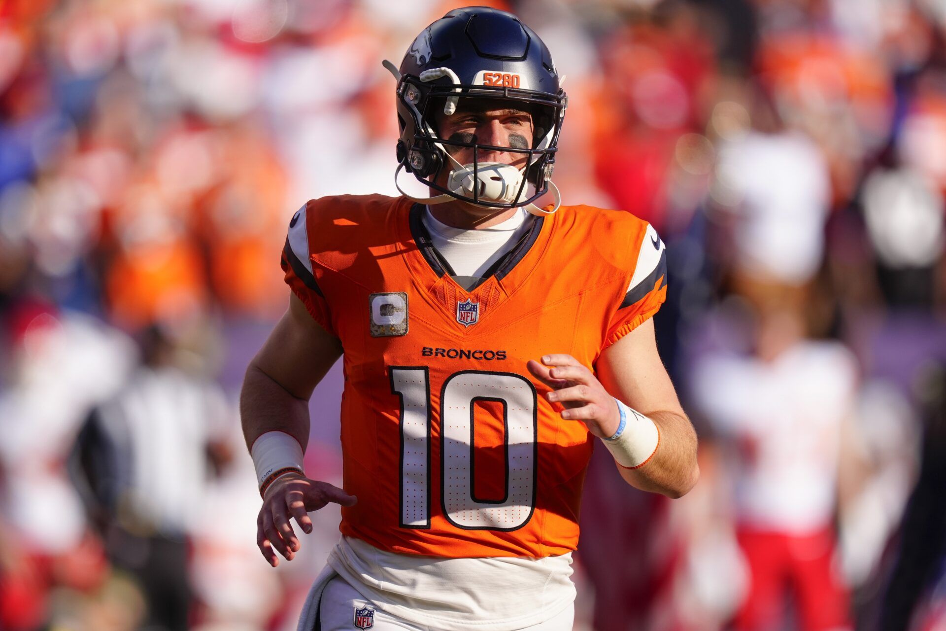 Denver Broncos quarterback Bo Nix (10) prior to the game against the Kansas City Chiefs at Empower Field at Mile High.