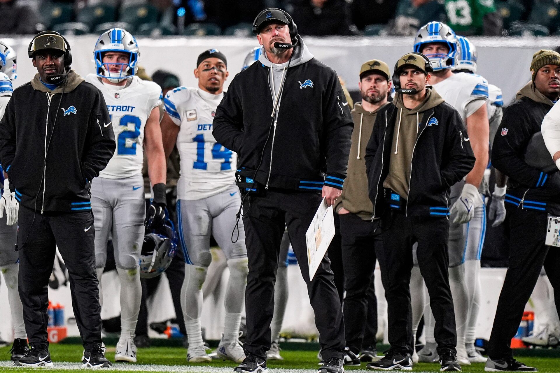 Detroit Lions head coach Dan Campbell watches a play against Philadelphia Eagles during the first half at Lincoln Financial Field in Philadelphia on Sunday, November 16, 2025.