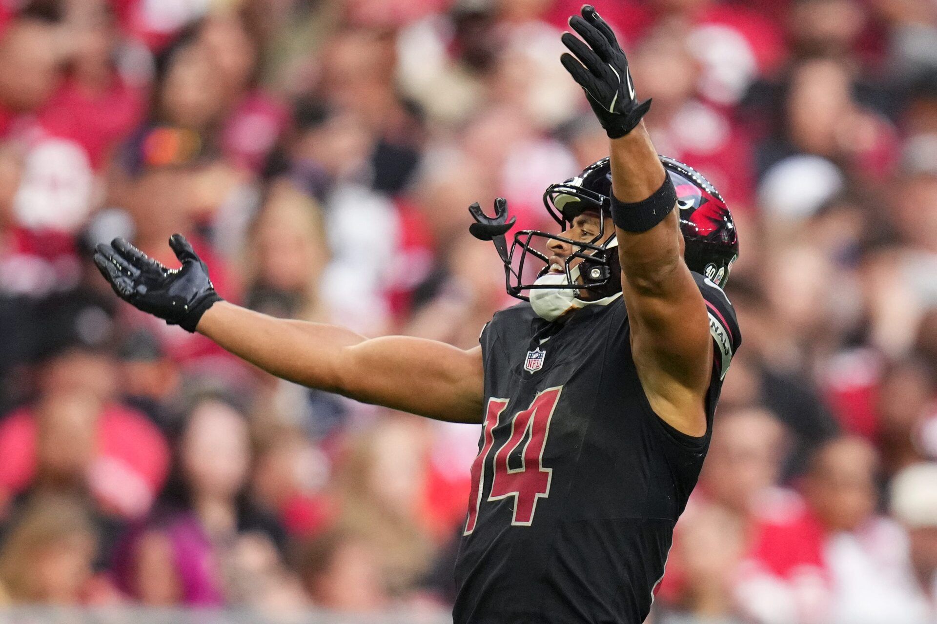 Arizona Cardinals receiver Michael Wilson (14) celebrates his first down catch against the San Francisco 49ers at State Farm Stadium in Glendale on Nov. 16, 2025.