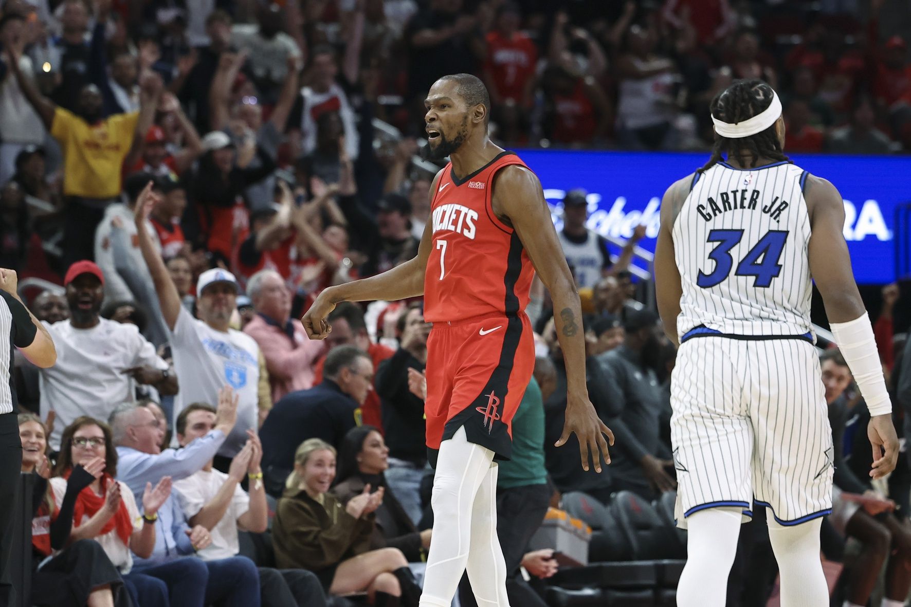 Houston Rockets forward Kevin Durant (7) reacts after making a basket during the fourth quarter against the Orlando Magic at Toyota Center.