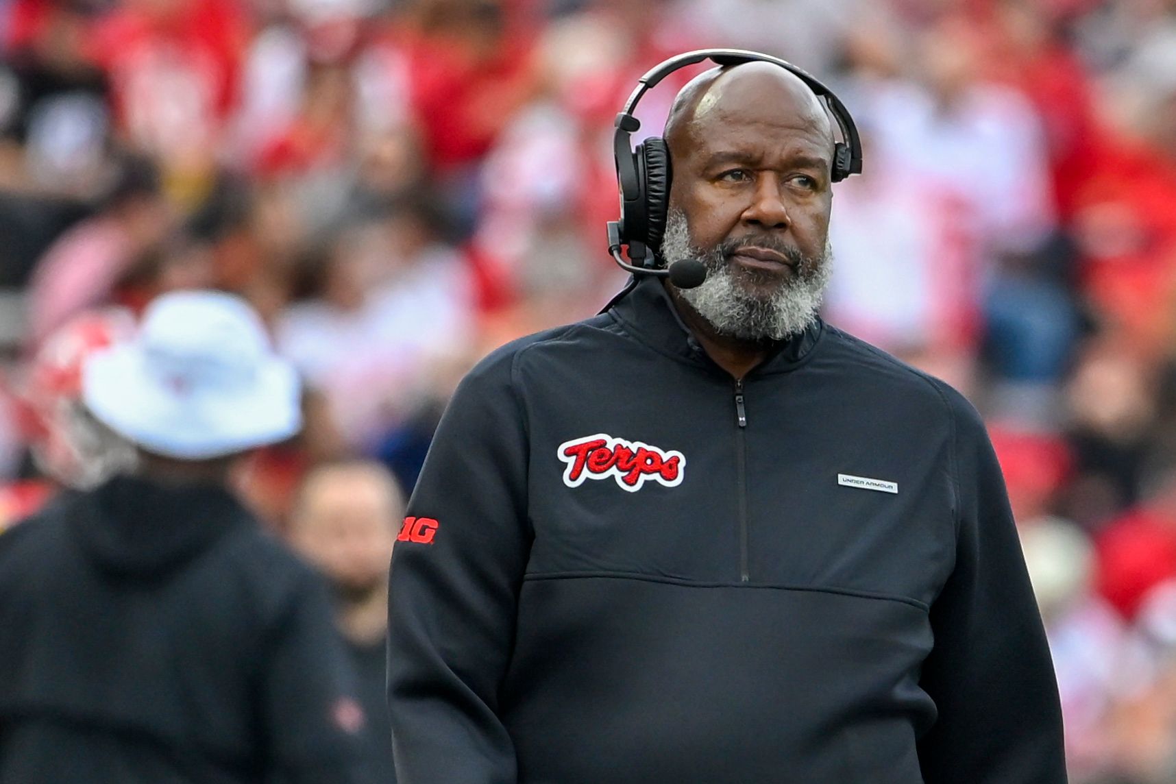 Maryland Terrapins head coach Mike Locksley walks the sidelines during the first half against the Nebraska Cornhuskers at SECU Stadium.