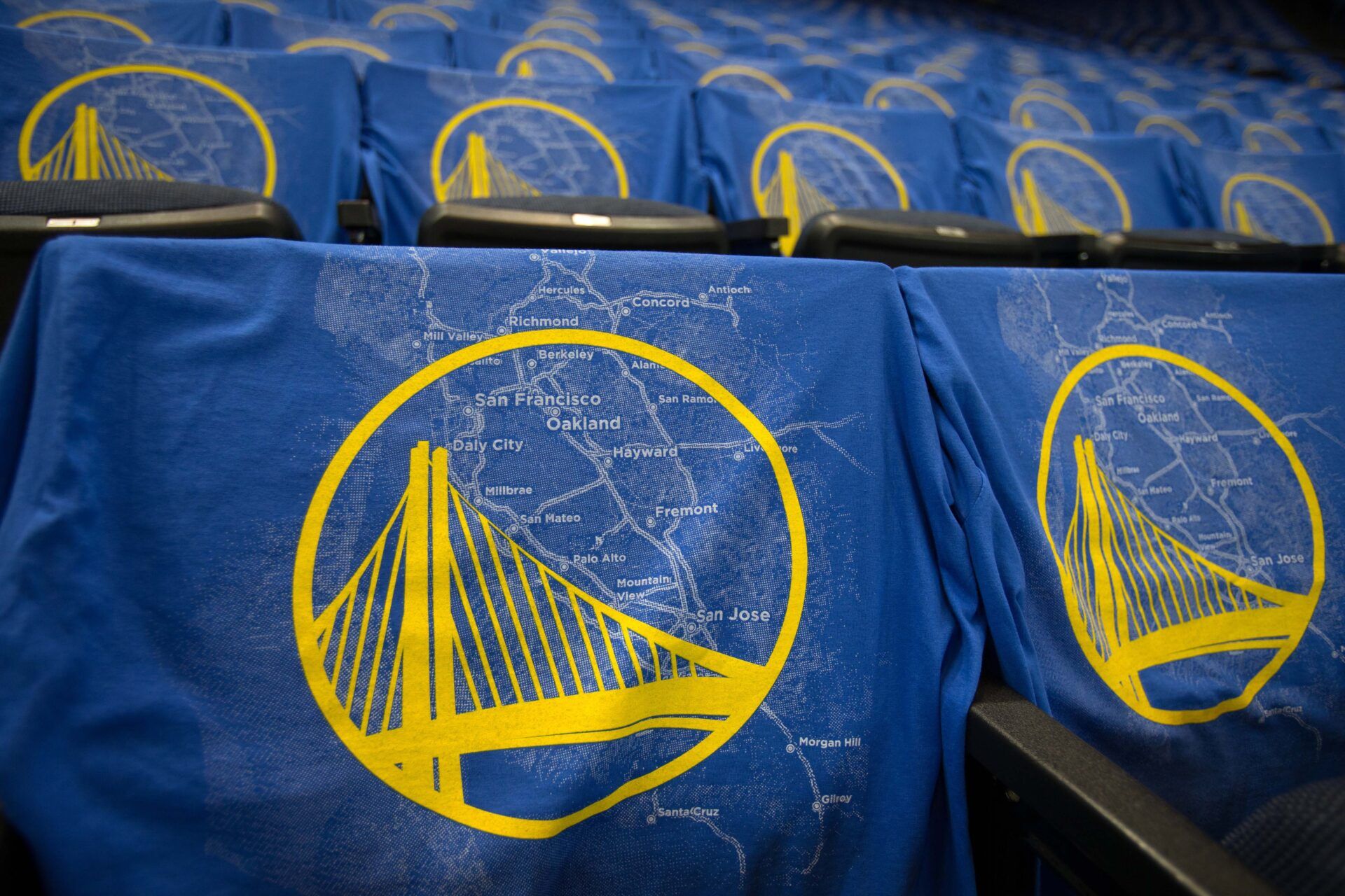 T-shirts depicting a map of the bay area and the new bay bridge Golden State Warriors logo at Oracle Arena before the game between the Golden State Warriors and the Los Angeles Lakers.