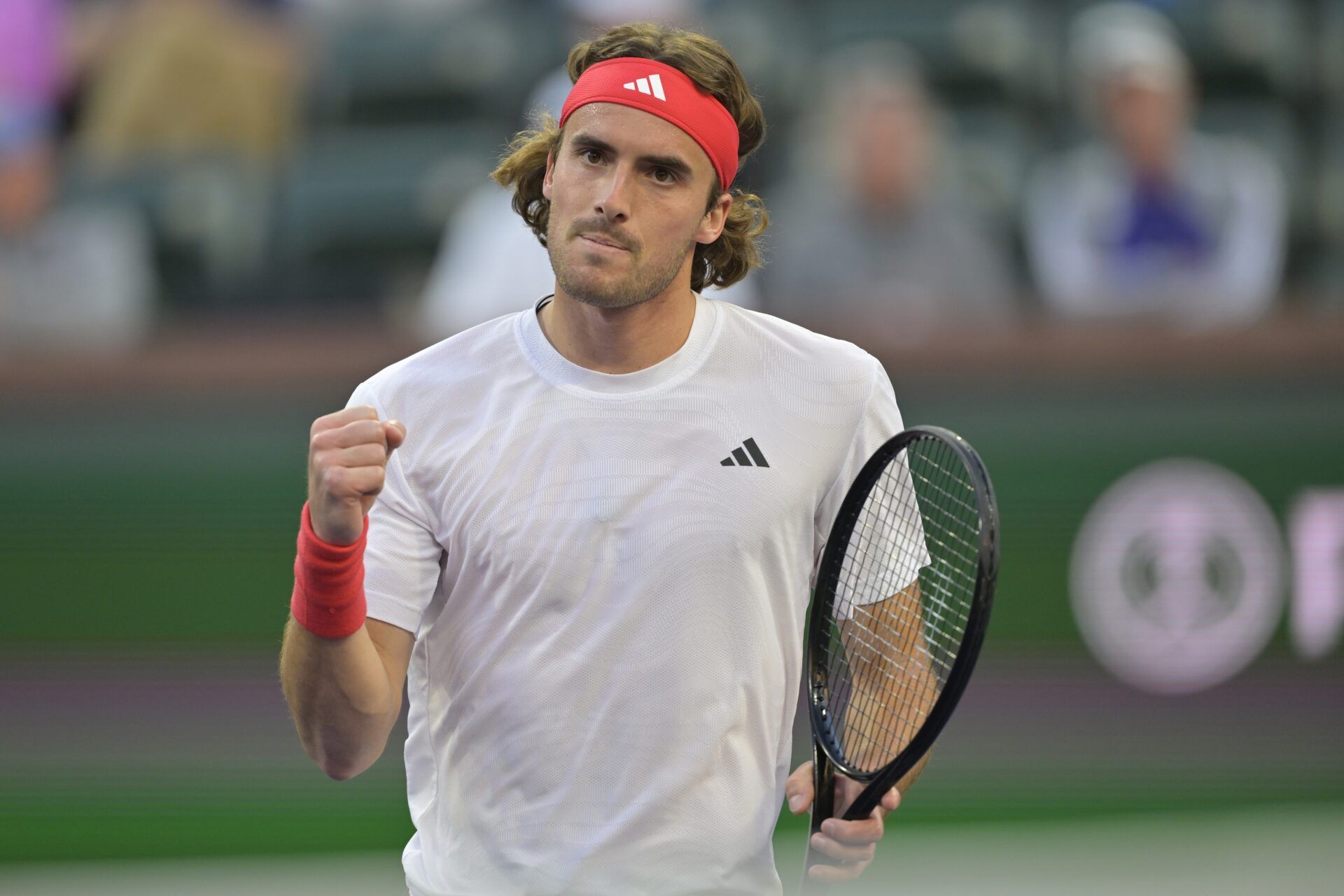 Stefanos Tsitsipas (GRE) hits a shot as he defeated Thiago Seyboth Wild (not pictured) in his second round match during the BNP Paribas Open at the Indian Well Tennis Garden.