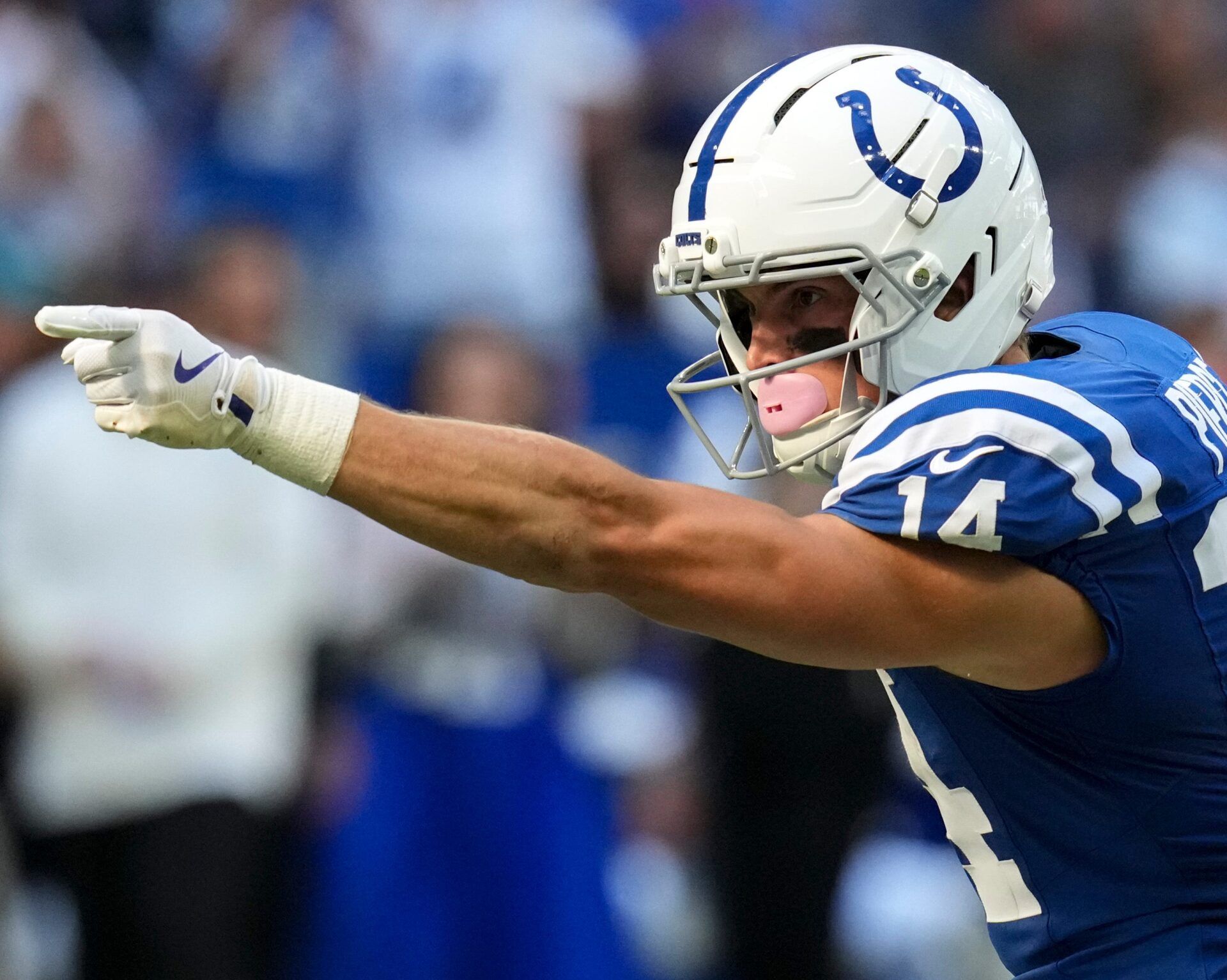 Indianapolis Colts wide receiver Alec Pierce (14) signals a first down during a game against the Arizona Cardinals on Sunday, Oct. 12, 2025, at Lucas Oil Stadium in Indianapolis. The Colts defeated the Cardinals 31-27.