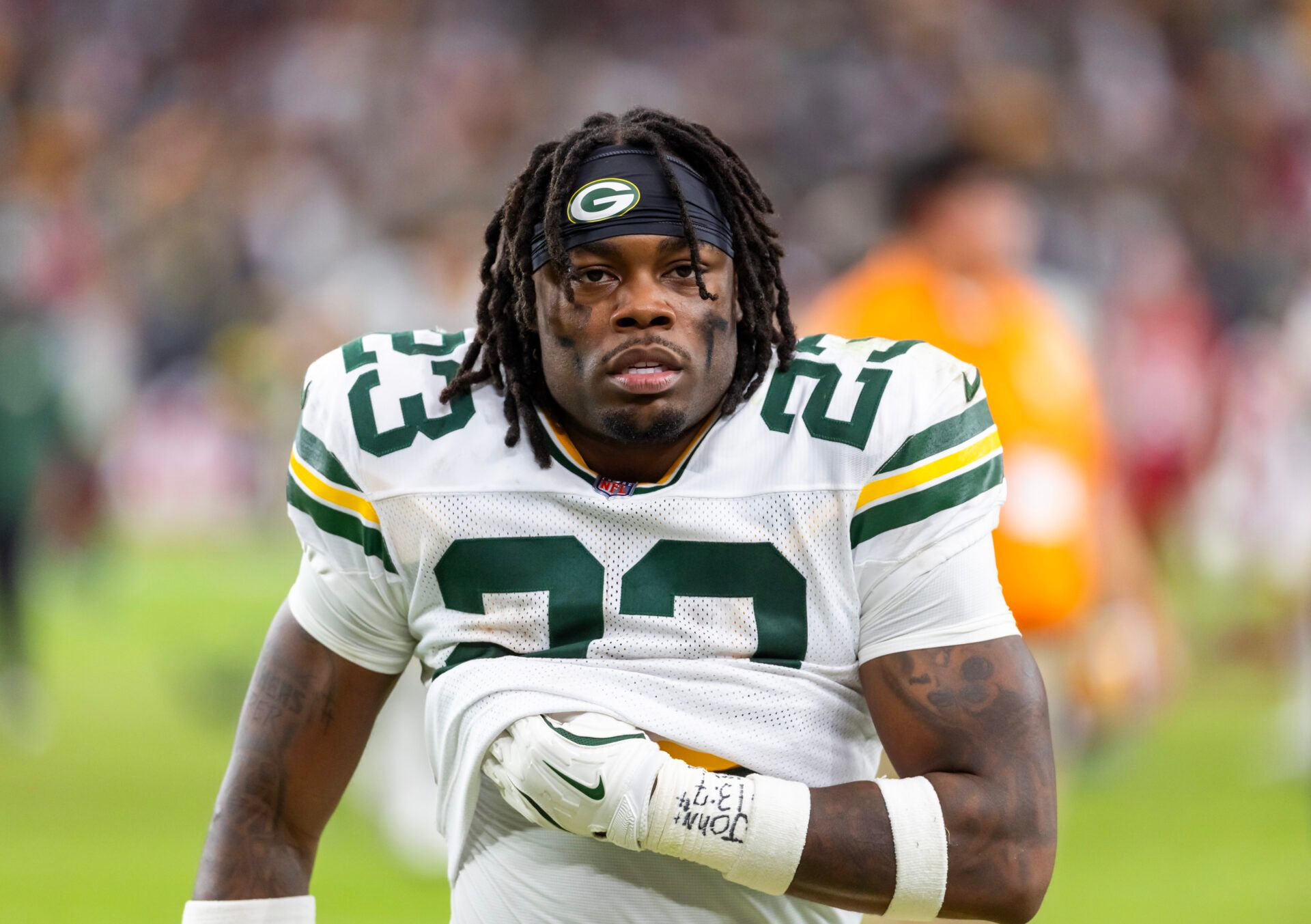 Green Bay Packers running back Emanuel Wilson (23) against the Arizona Cardinals at State Farm Stadium.