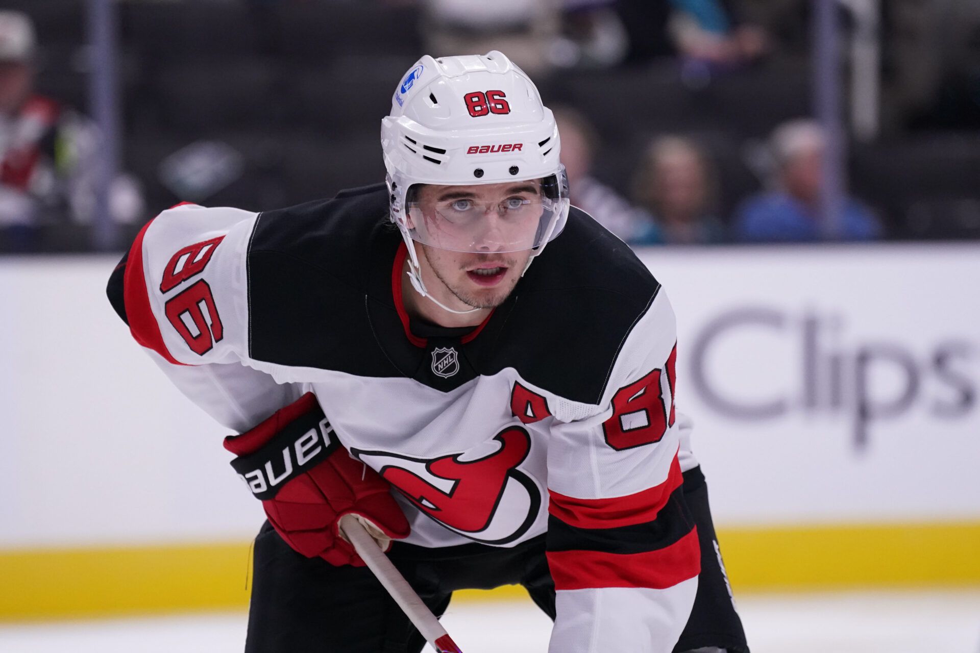 New Jersey Devils center Jack Hughes (86) waits for play to resume in the second period against the San Jose Sharks at SAP Center at San Jose.
