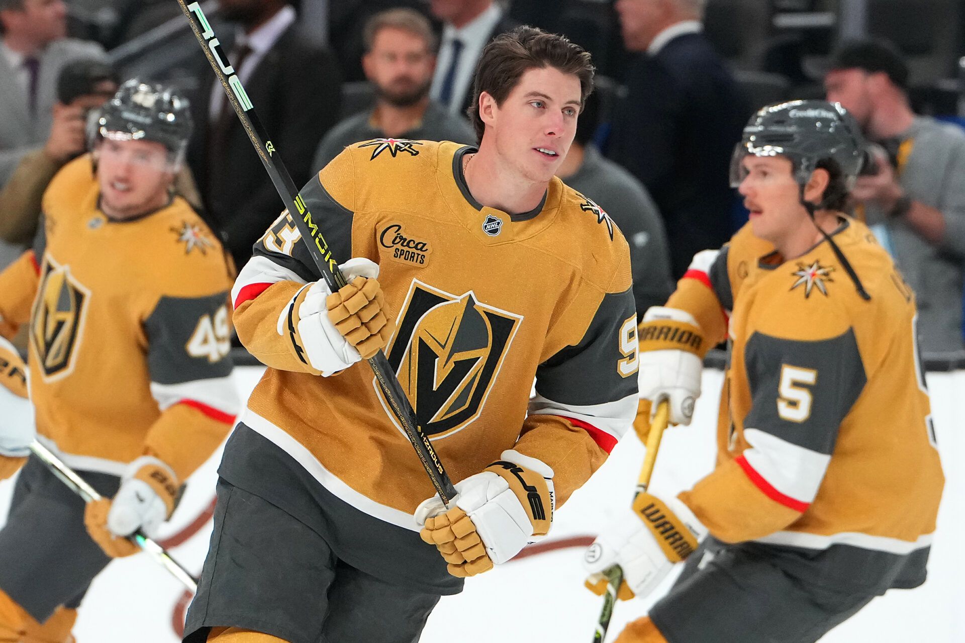 Vegas Golden Knights right wing Mitch Marner (93) warms up before a game against the New York Islanders at T-Mobile Arena.