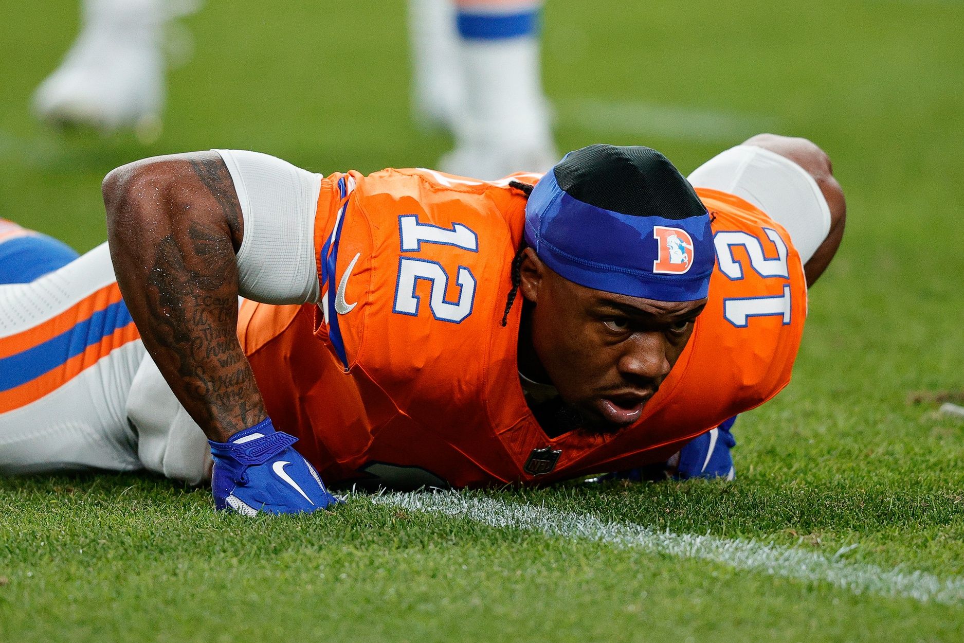Denver Broncos running back RJ Harvey (12) before the game against the Las Vegas Raiders at Empower Field at Mile High.
