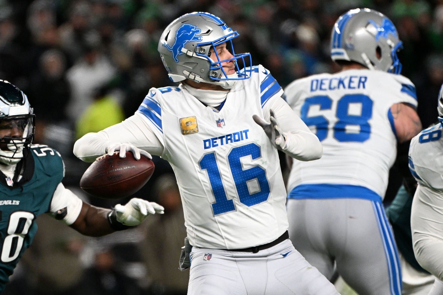 Detroit Lions quarterback Jared Goff (16) drops back to pass against the Philadelphia Eagles during the second half at Lincoln Financial Field.