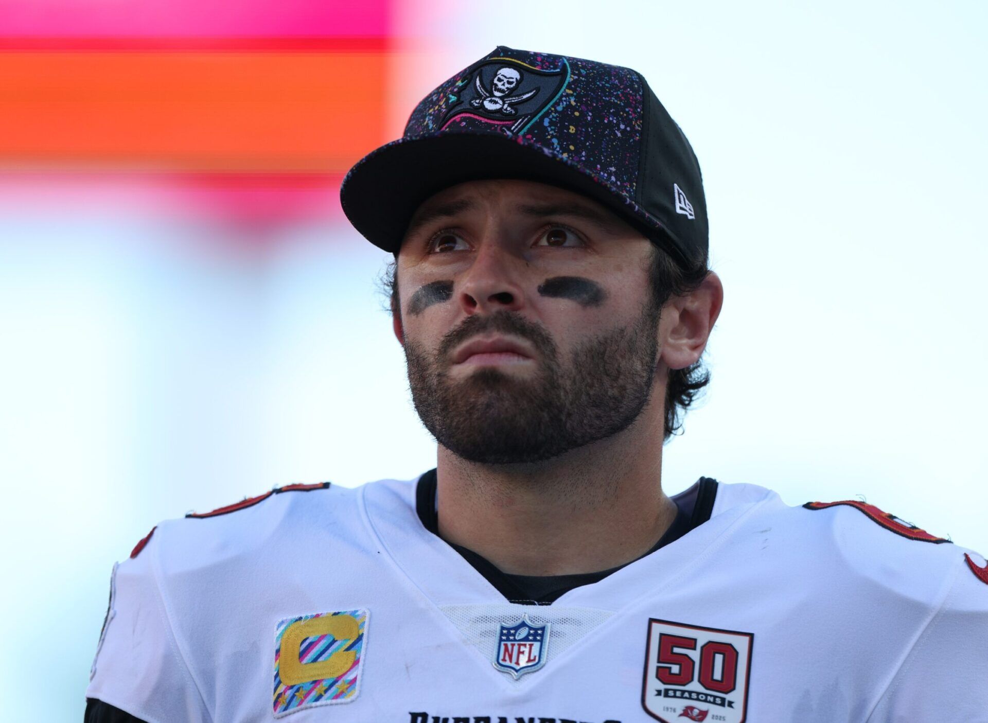 Tampa Bay Buccaneers quarterback Baker Mayfield (6) stands on the field during the second quarter against the San Francisco 49ers at Raymond James Stadium.