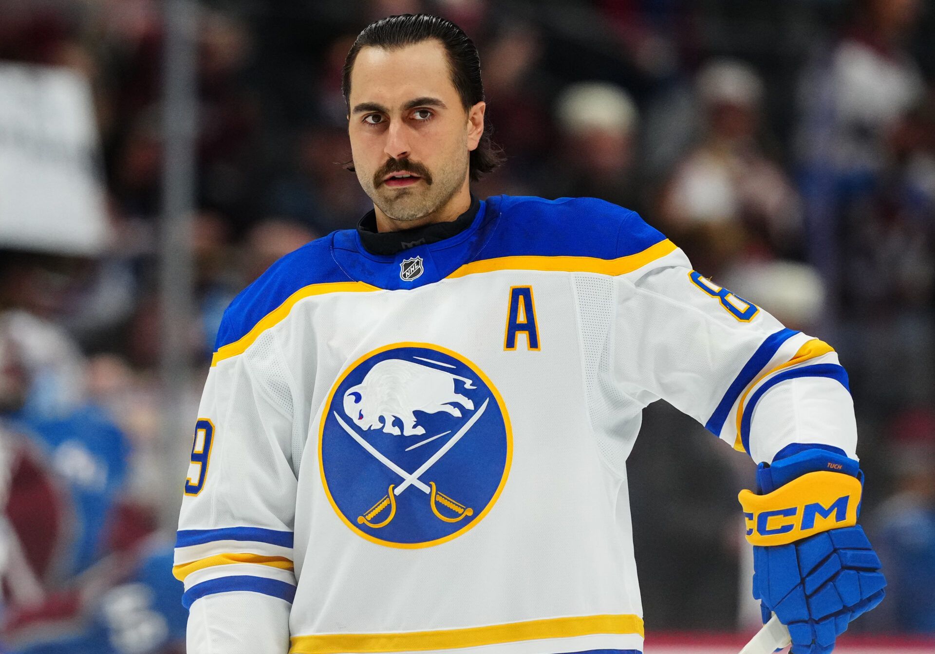 Buffalo Sabres right wing Alex Tuch (89) before a game against the Colorado Avalanche at Ball Arena.