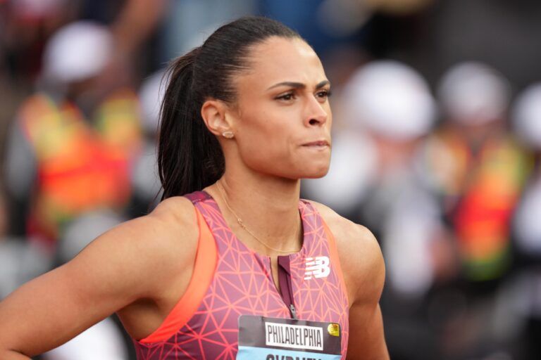 Sydney McLaughin-Levrone (USA) reacts after the women's 100m hurdles during the Grand Slam Track Philadelphia at Franklin Field.