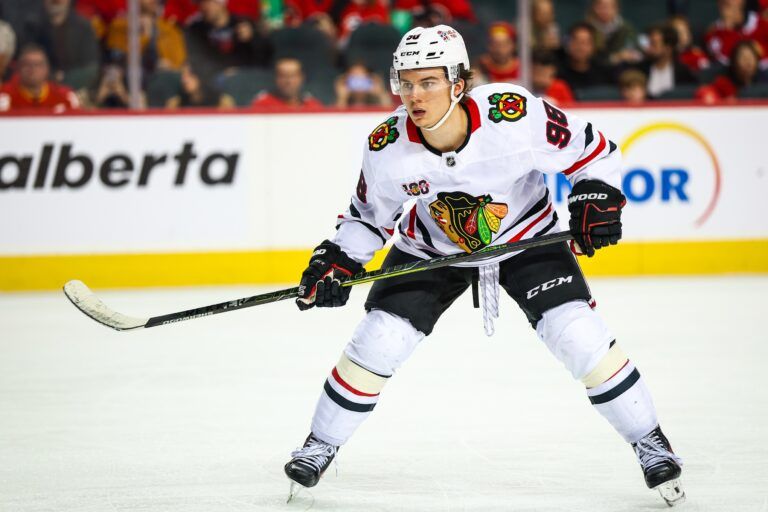 Chicago Blackhawks center Connor Bedard (98) skates against the Calgary Flames during the third period at Scotiabank Saddledome.