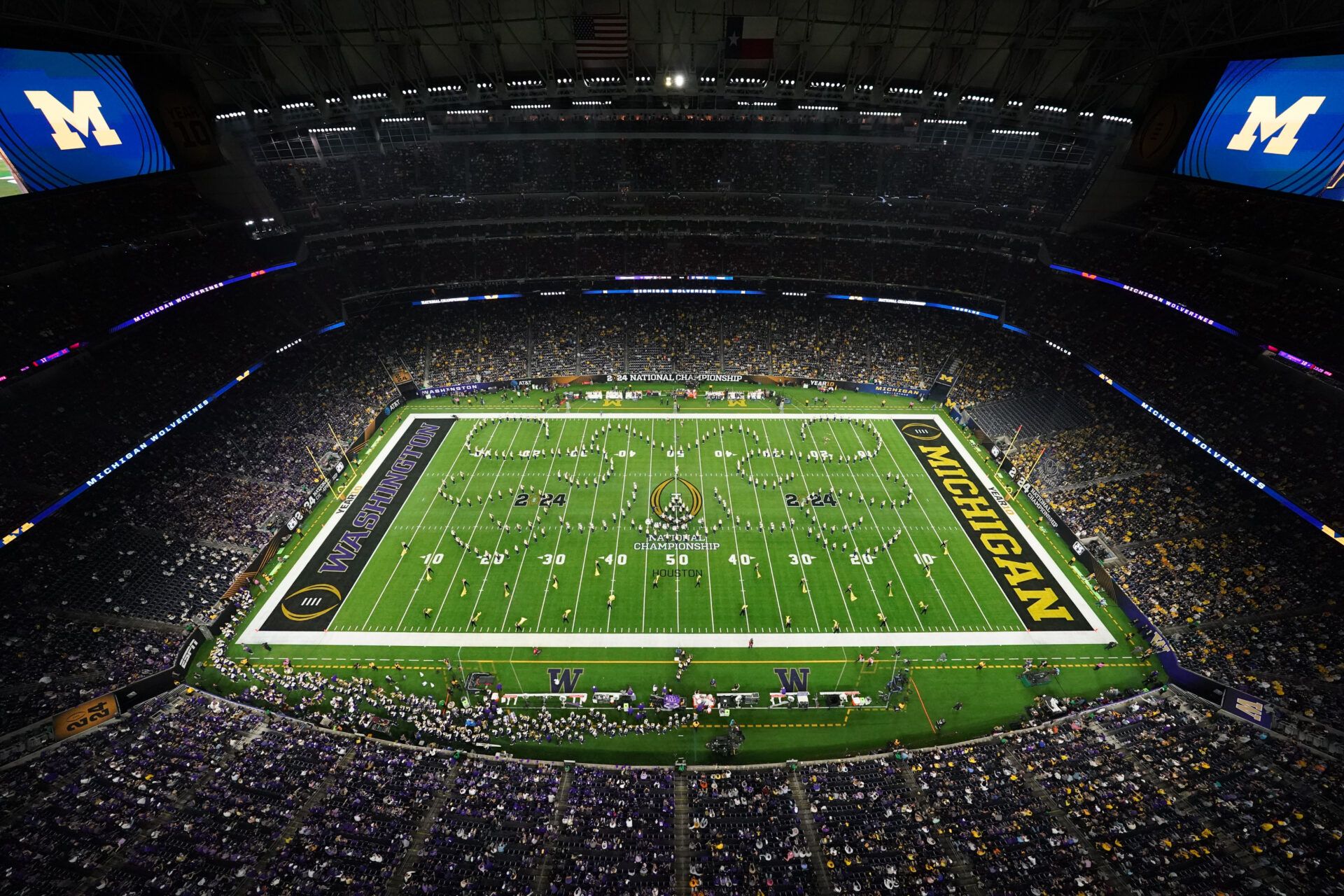 A general view as the Michigan Wolverines marching band performs during halftime in the 2024 College Football Playoff national championship game between the Michigan Wolverines and Washington Huskies at NRG Stadium.