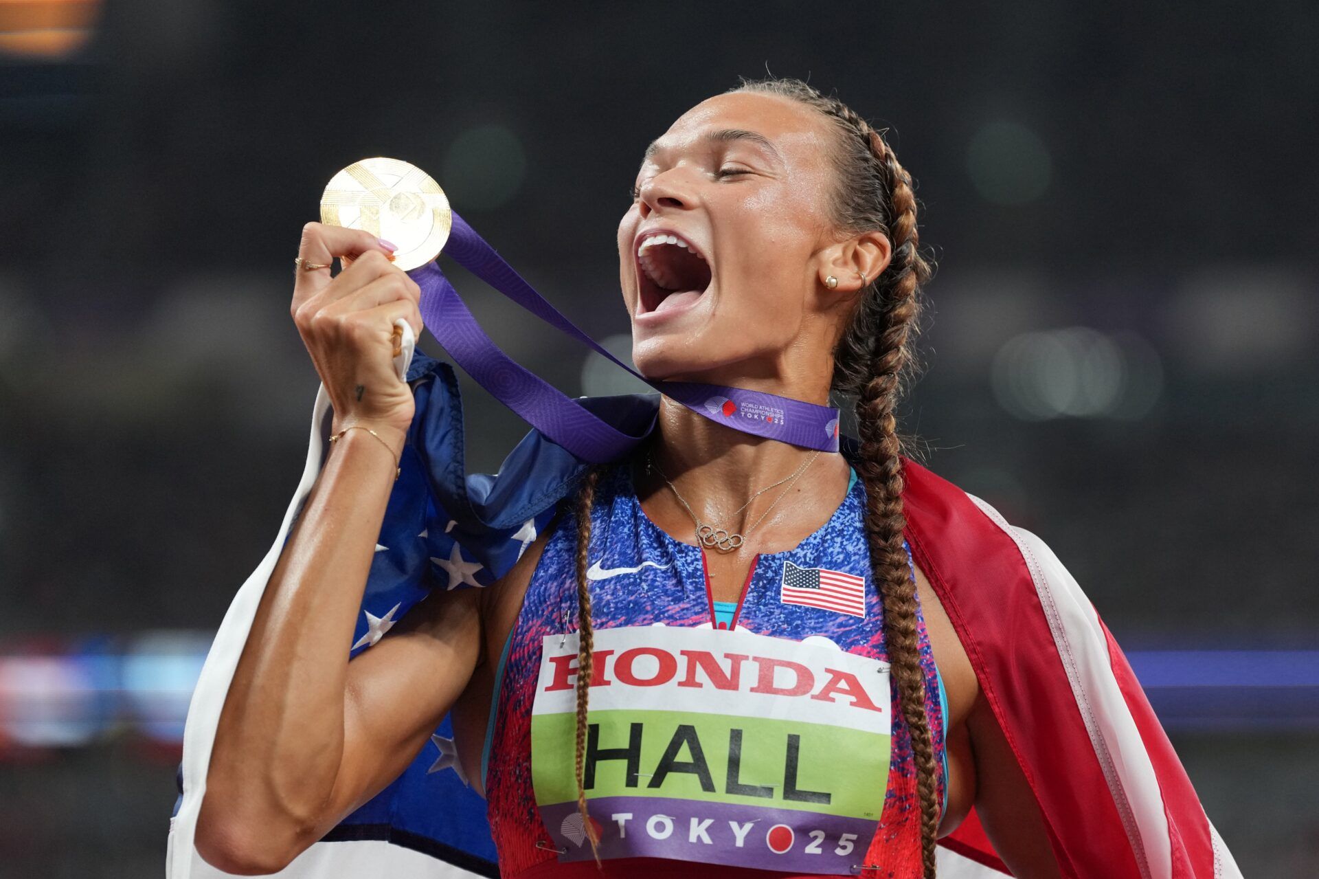 Anna Hall (USA) celebrates after winning the womens heptathlon at National Stadium.