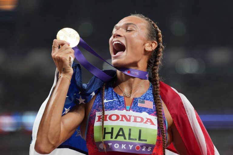 Anna Hall (USA) celebrates after winning the womens heptathlon at National Stadium.