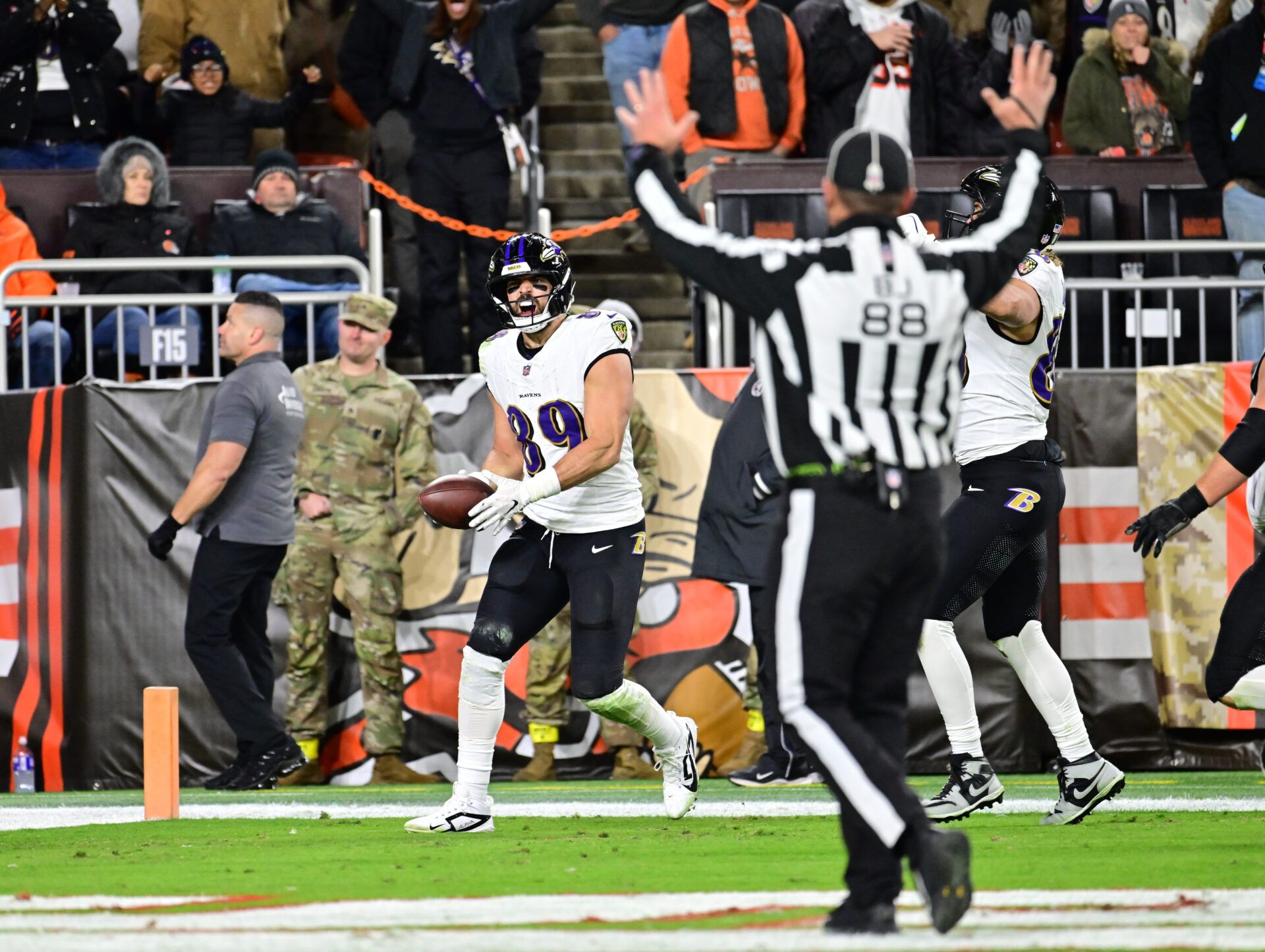 Baltimore Ravens tight end Mark Andrews (89) reacts after a touchdown during the fourth quarter against the Cleveland Browns at Huntington Bank Field.