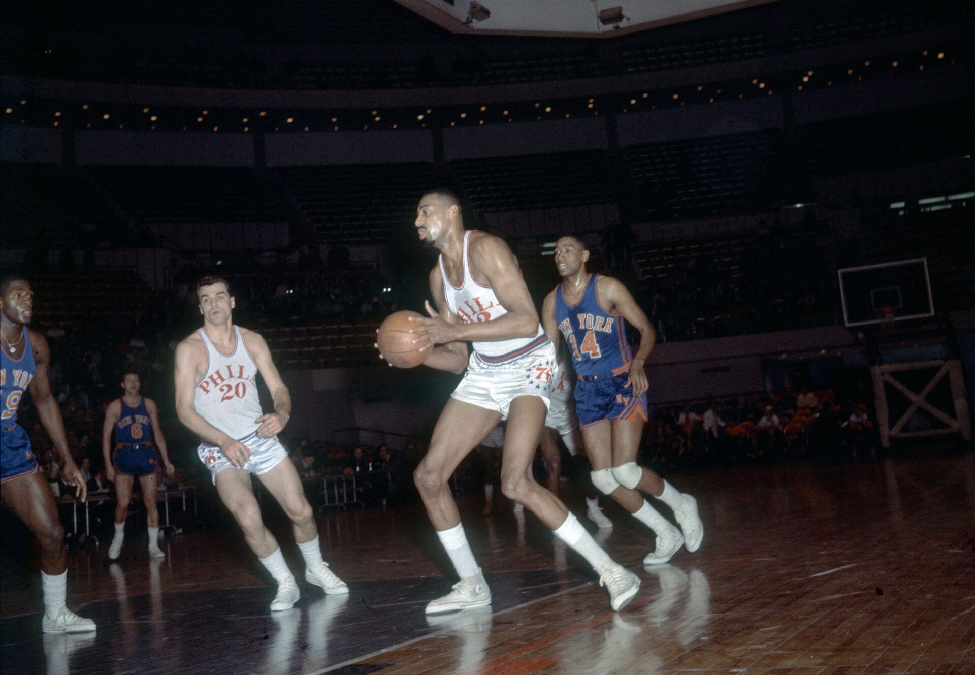 Philadelphia 76ers center (13) Wilt Chamberlain in action against the New York Knicks.