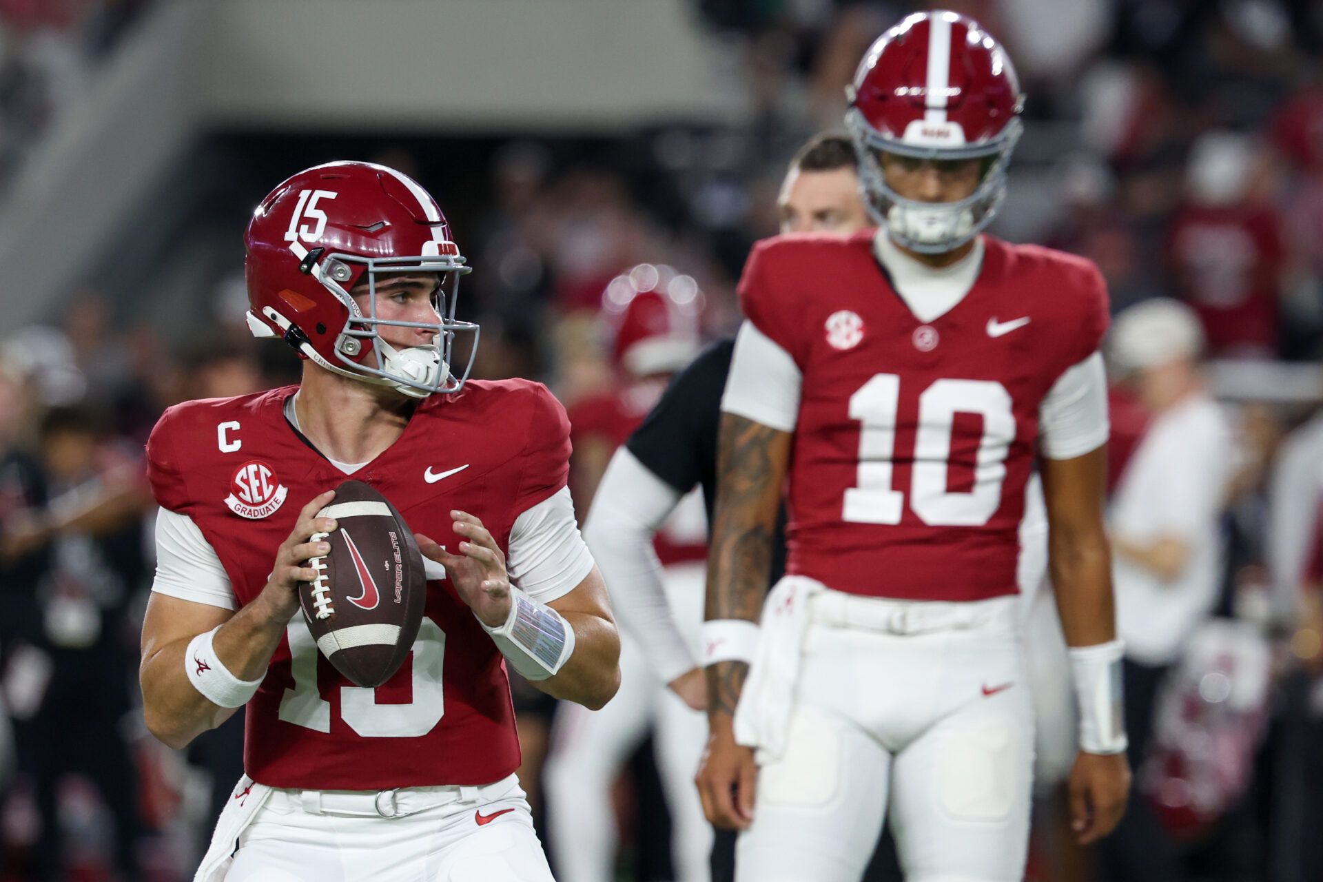 Alabama Crimson Tide quarterback Ty Simpson (15) warms up prior to the game against the Louisiana State Tigers at Saban Field at Bryant-Denny Stadium.
