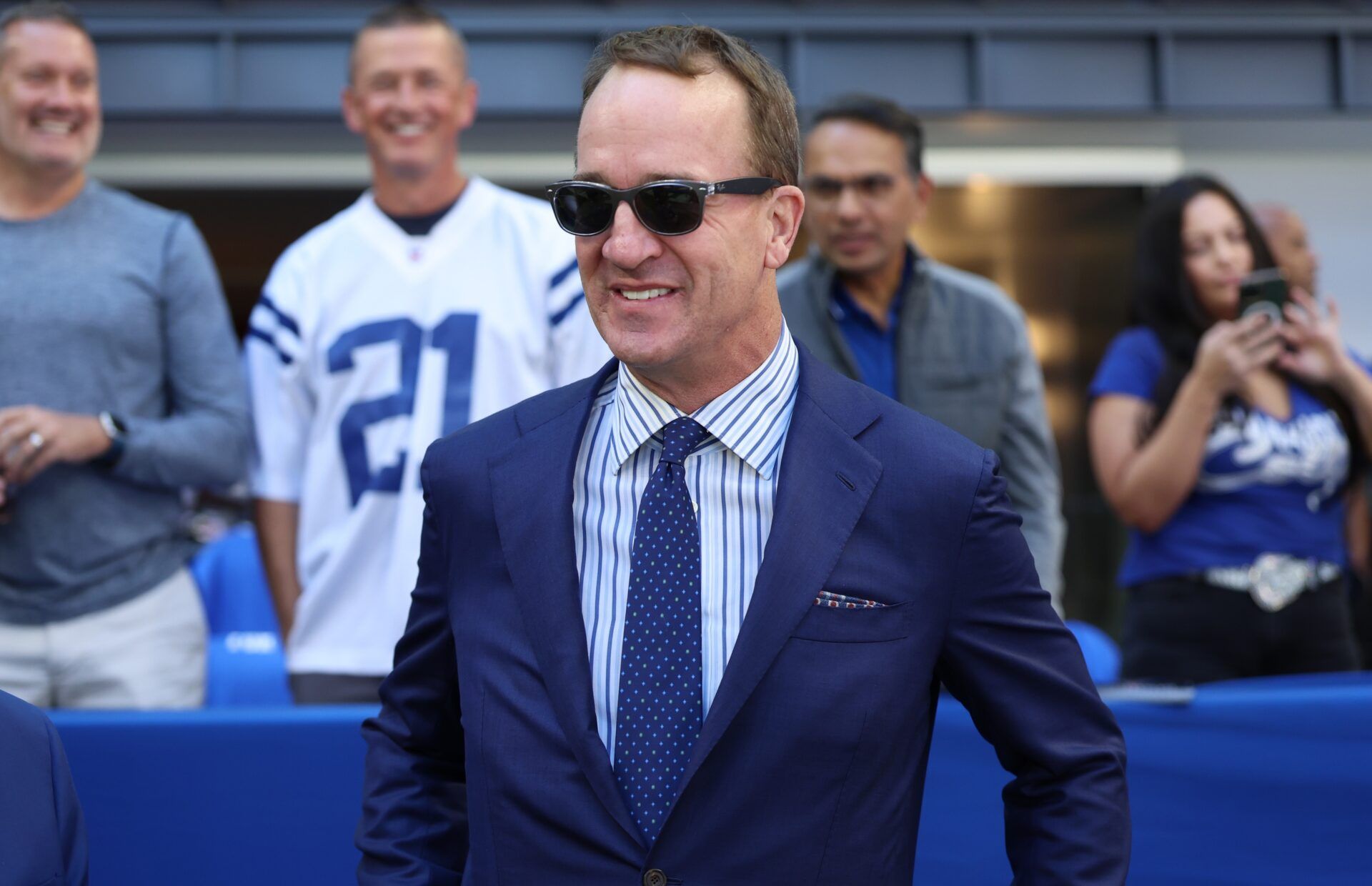 Former Indianapolis Colts quarterback Peyton Manning before a game against the Miami Dolphins at Lucas Oil Stadium.