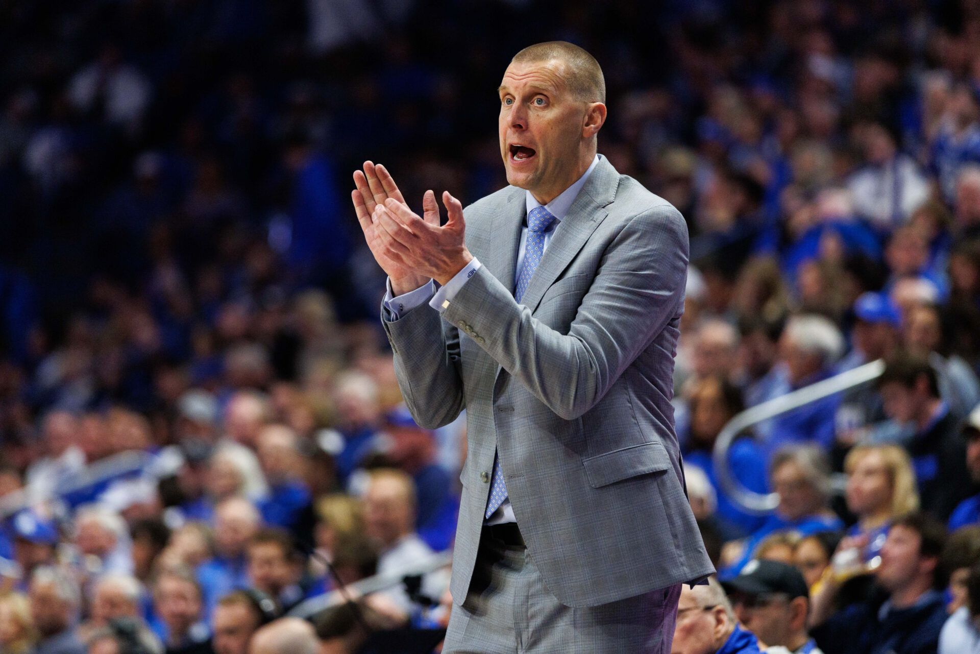 Kentucky Wildcats head coach Mark Pope claps during the first half against the Eastern Illinois Panthers at Rupp Arena at Central Bank Center.