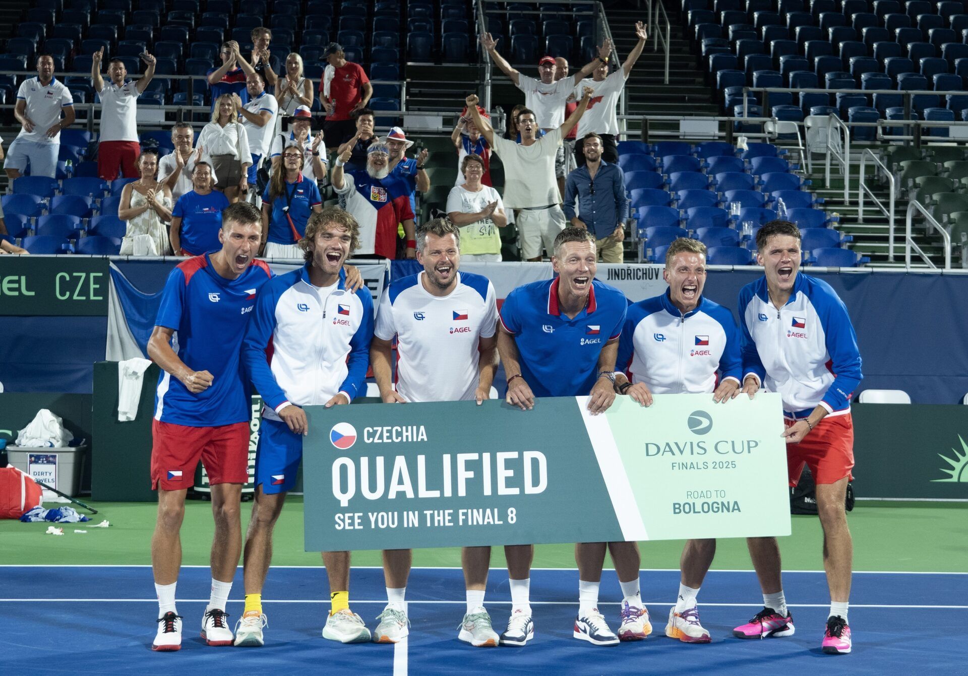 Sep 13, 2025; Delray Beach, FL, USA Petr Brunclik of Czechia, Tomas Machac of Czechia, Adam Pavlasek of Czechia, Team Captain, Tomas Berdych, Jiri Lehecka of Czechia and Jakub Mensik of Czechia celebrate winning the Davis Cup tie by defeating the United States at the  Delray Beach Tennis Center. Czechia won the tie.