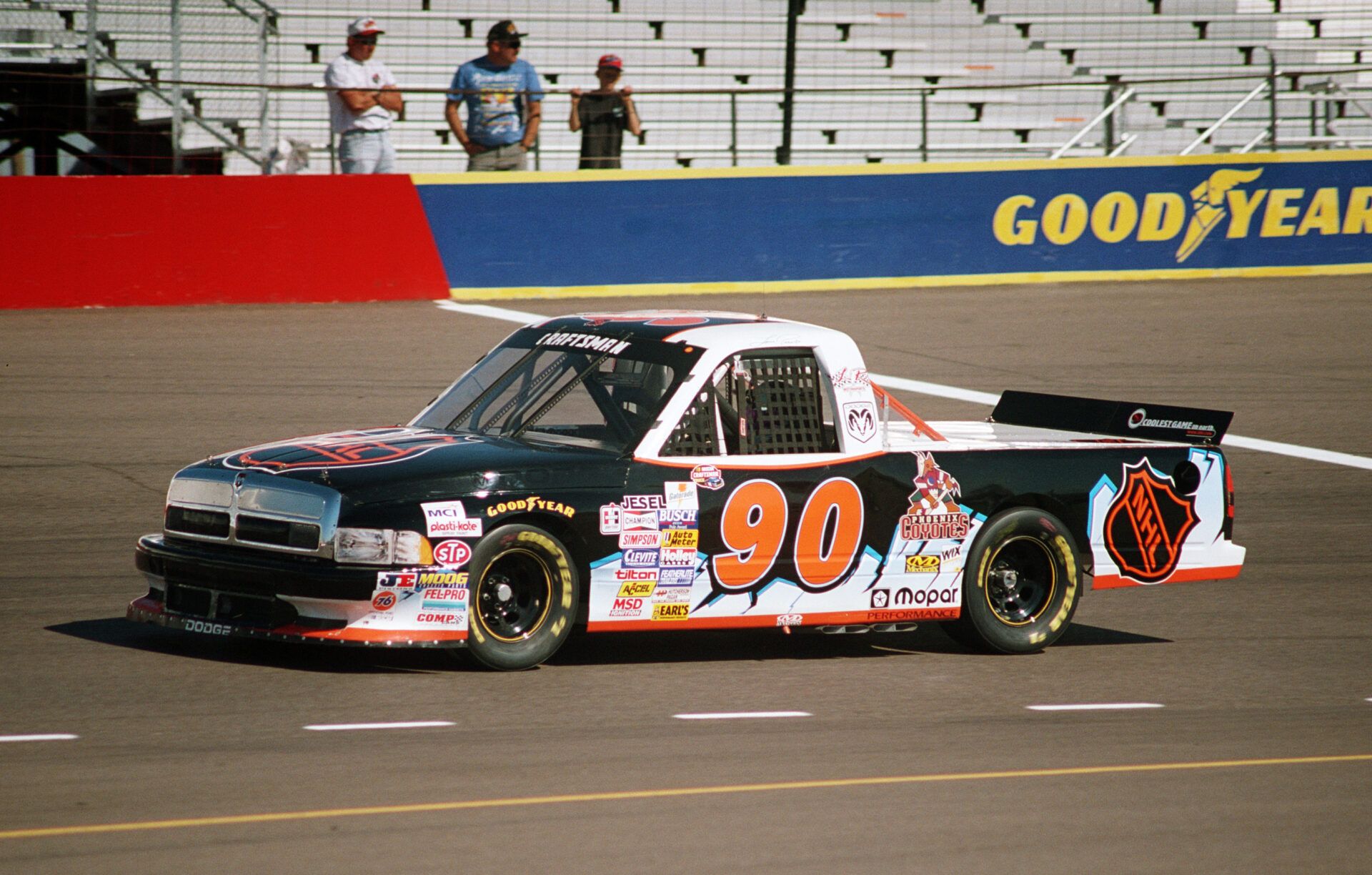 NASCAR Craftsman Truck Series driver Lance Norick (90) in the NHL Arizona Coyotes sponsored Dodge Ram during the GM Goodwrench/Delco 300 at Phoenix International Raceway.