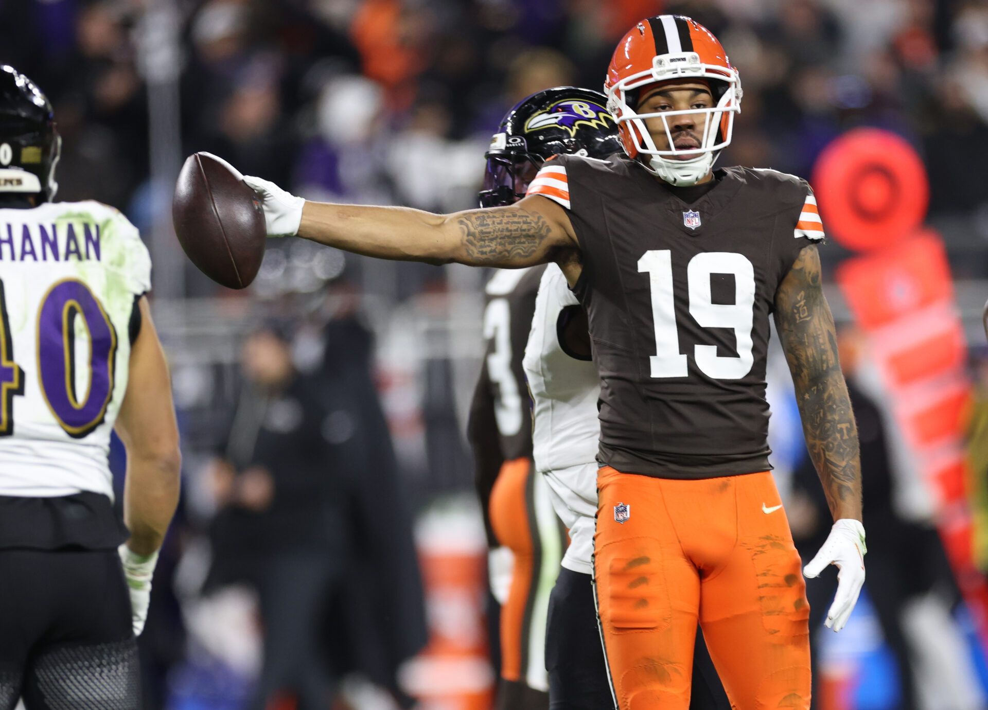 Cleveland Browns wide receiver Cedric Tillman (19) reacts after a run for a gain during the second quarter against the Baltimore Ravens at Huntington Bank Field.