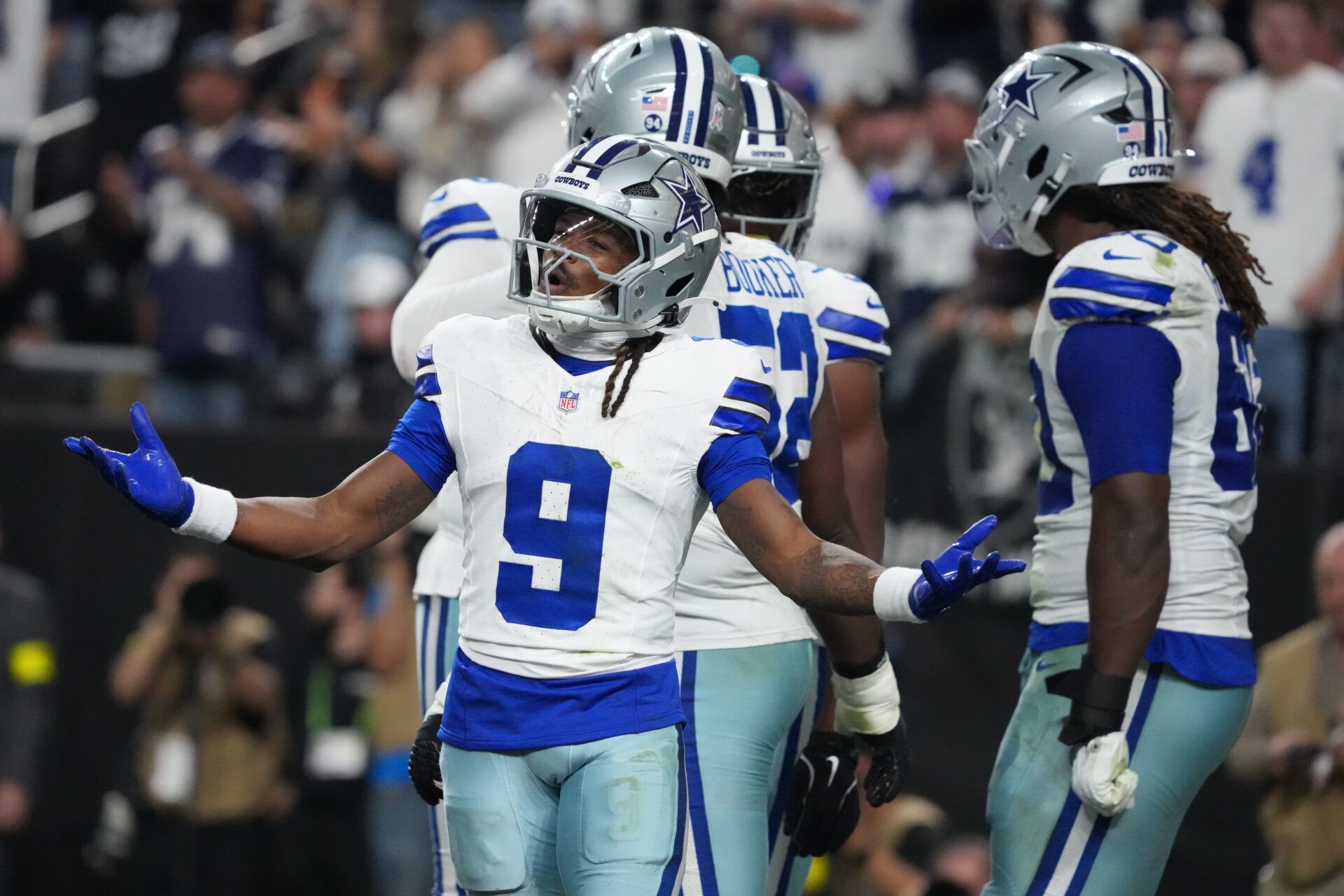 Dallas Cowboys wide receiver George Pickens (3) reacts after scoring a touchdown against the Las Vegas Raiders during the first half at Allegiant Stadium.