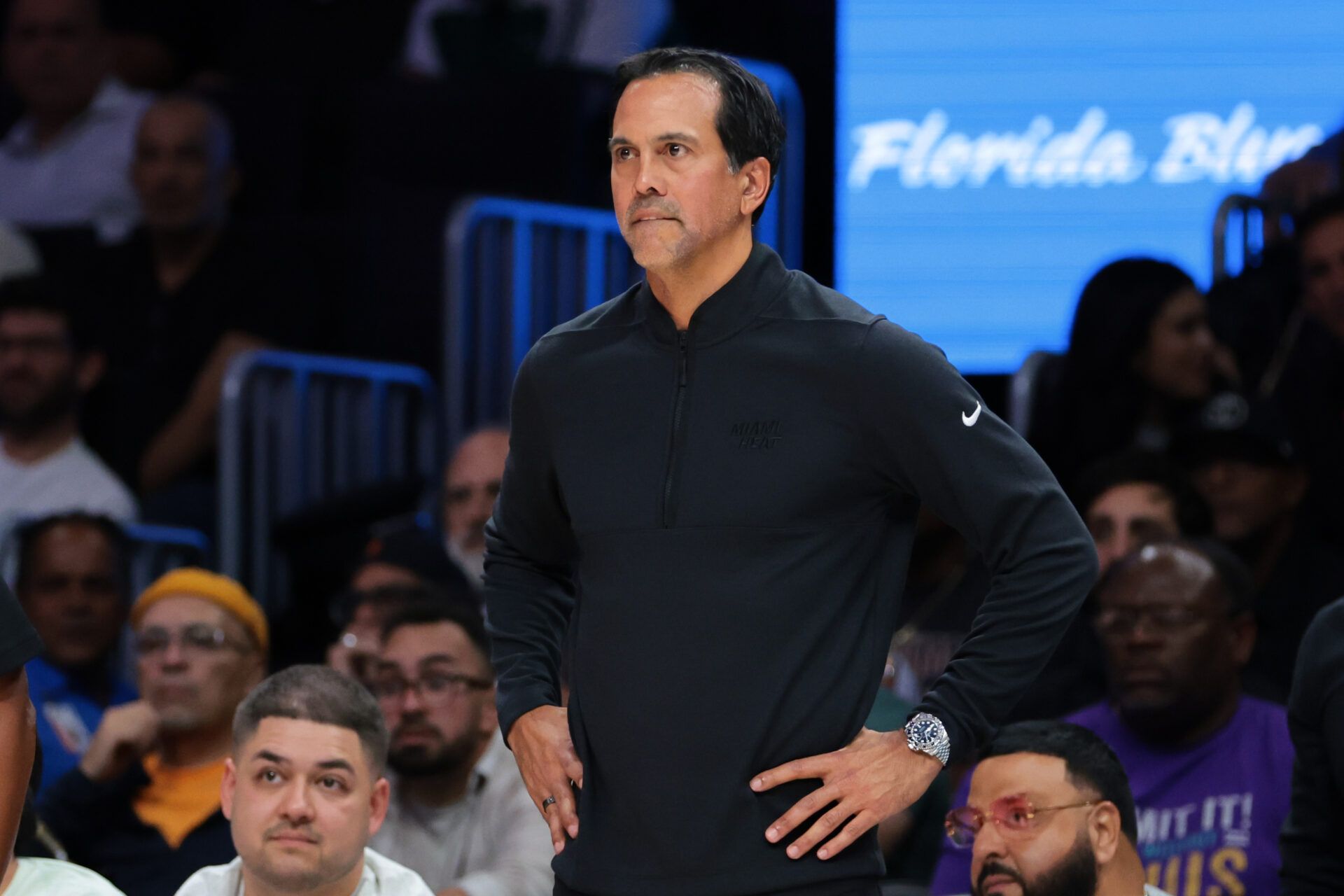 Miami Heat head coach Erik Spoelstra watches from the sideline against the New York Knicks during the first quarter at Kaseya Center.