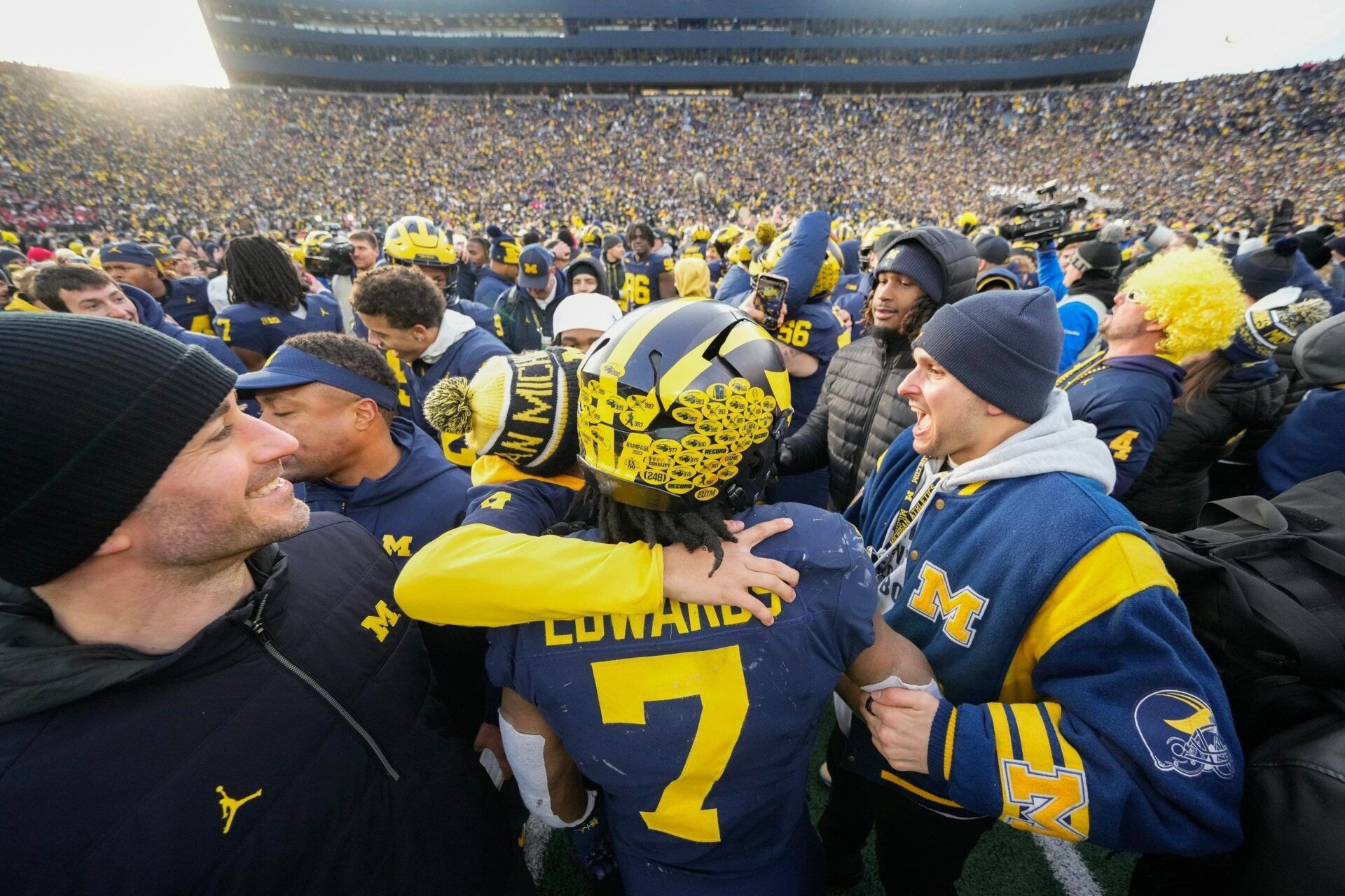 Running back Donovan Edwards and the Michigan Wolverines outrushed Ohio State 156 yards to 107 in a Nov. 25, 2023 win over the Buckeyes.