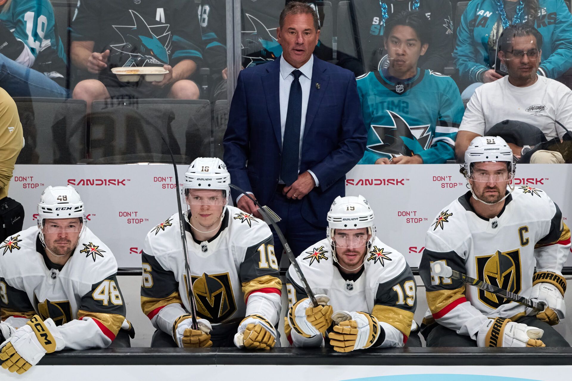 Vegas Golden Knights head coach Bruce Cassidy watches game play against the San Jose Sharks with center Tomas Hertl (48) and right wings Pavel Dorofeyev (16), Reilly Smith (19), and Mark Stone (61)during the second period at SAP Center at San Jose.