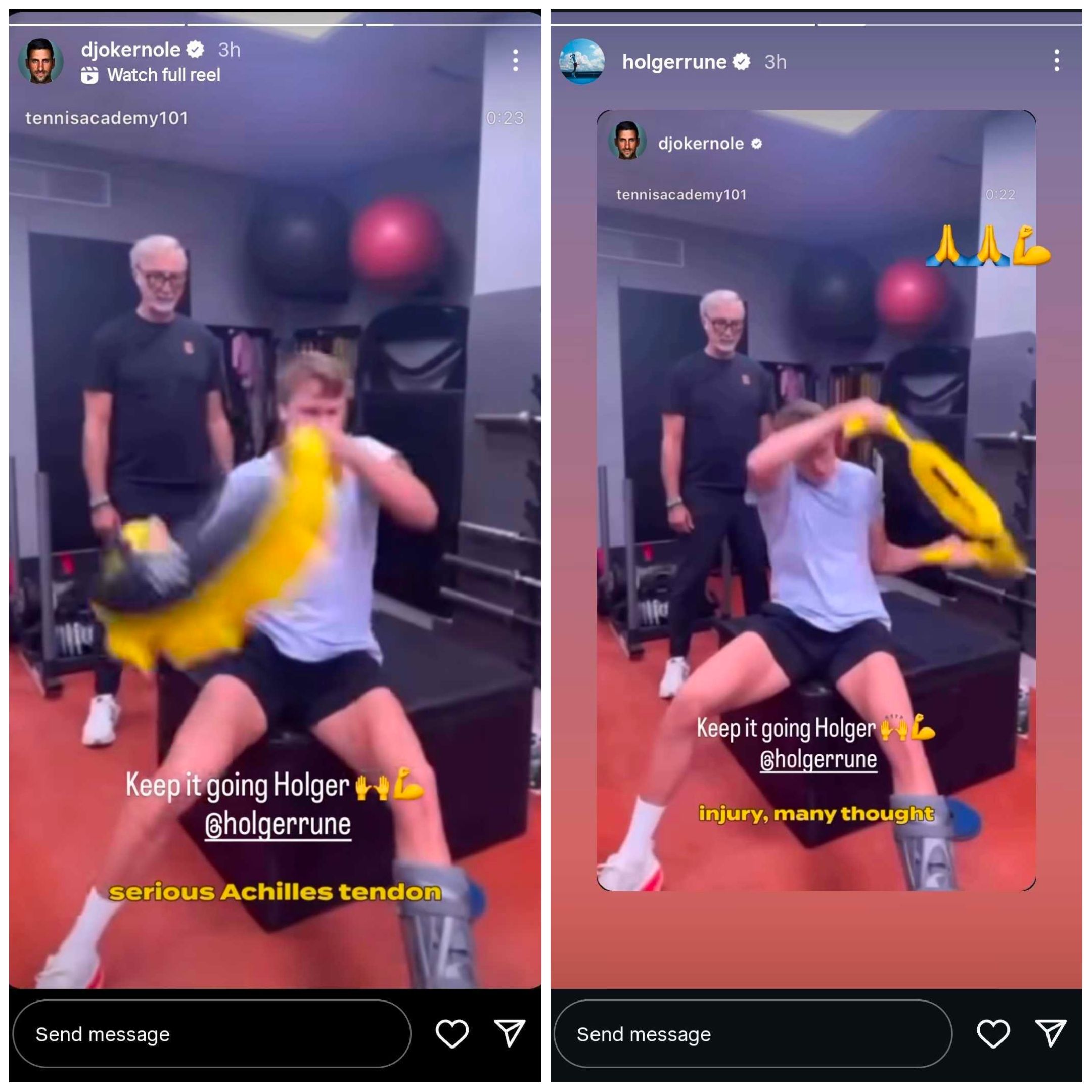 Screen grab of Novak Djokovic and Holger Rune's Instagram stories
