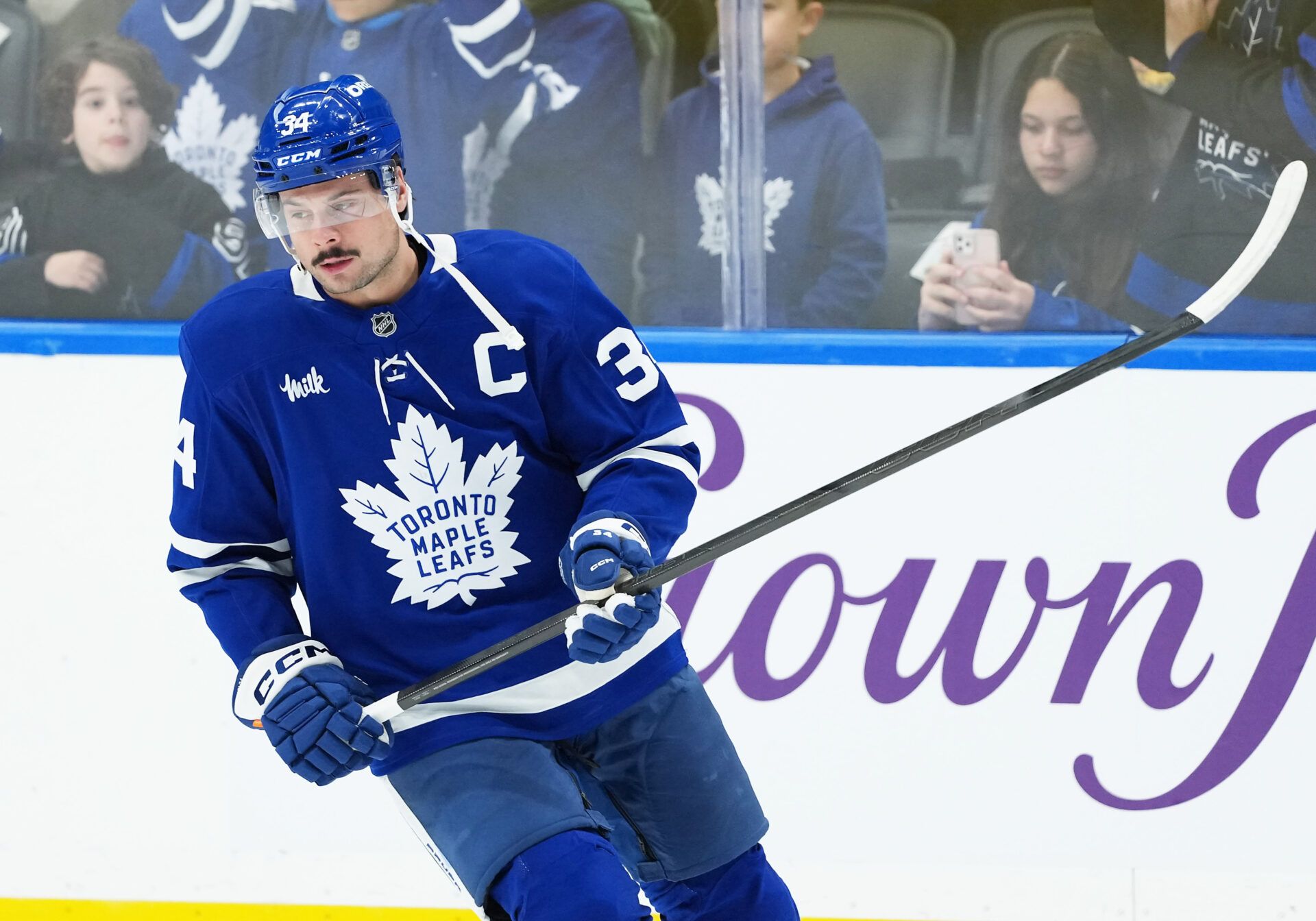 Toronto Maple Leafs center Auston Matthews (34) skates during the warmup before a game against the Utah Mammoth at Scotiabank Arena.