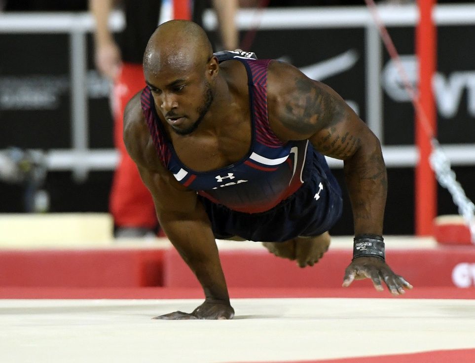 Donnell Whittenburg of the United States competes on the floor exercise during the 47th FIG Artistic Gymnastics World Championships at Montreal Olympic Stadium.