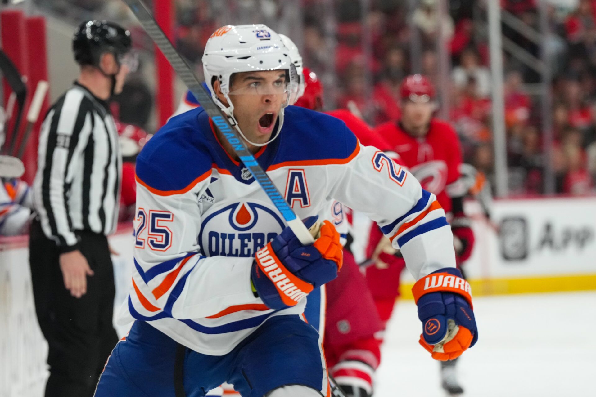 Edmonton Oilers defenseman Darnell Nurse (25) reacts against the Carolina Hurricanes during the third period at Lenovo Center.